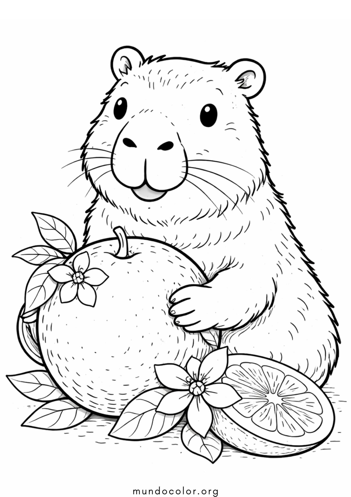 Dibujo de Capibara con naranja para colorear