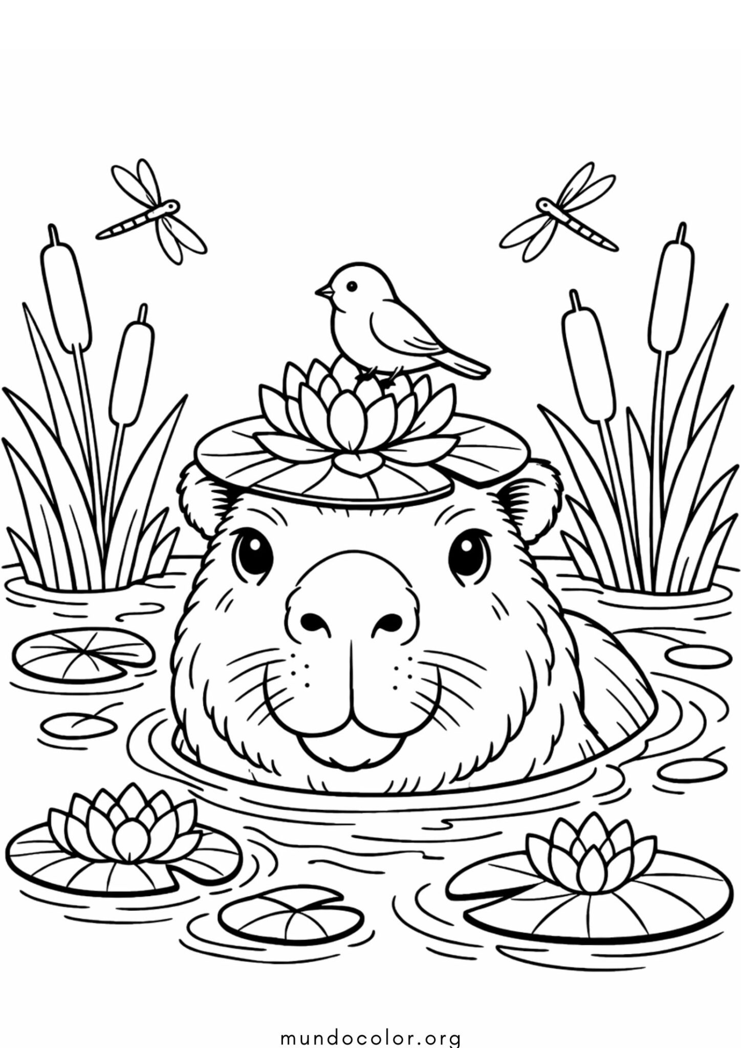 Dibujo de Carpincho con un pajaro en la cabeza para colorear