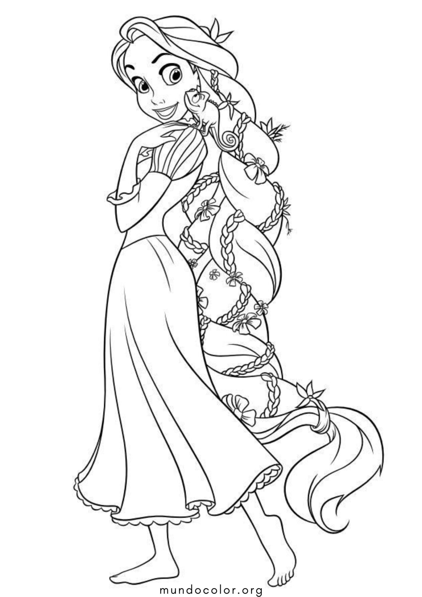 Dibujo de Princesa Rapunzel con trenza y Pascal el camaleon para colorear