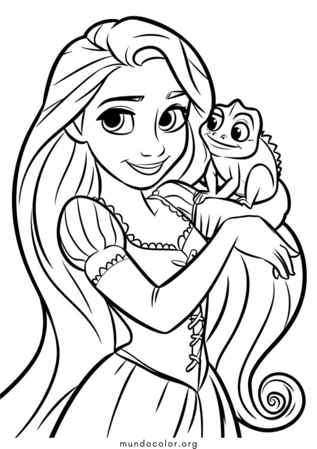 Dibujo de Rapunzel y su camaleon Pascal para colorear e imprimir gratis