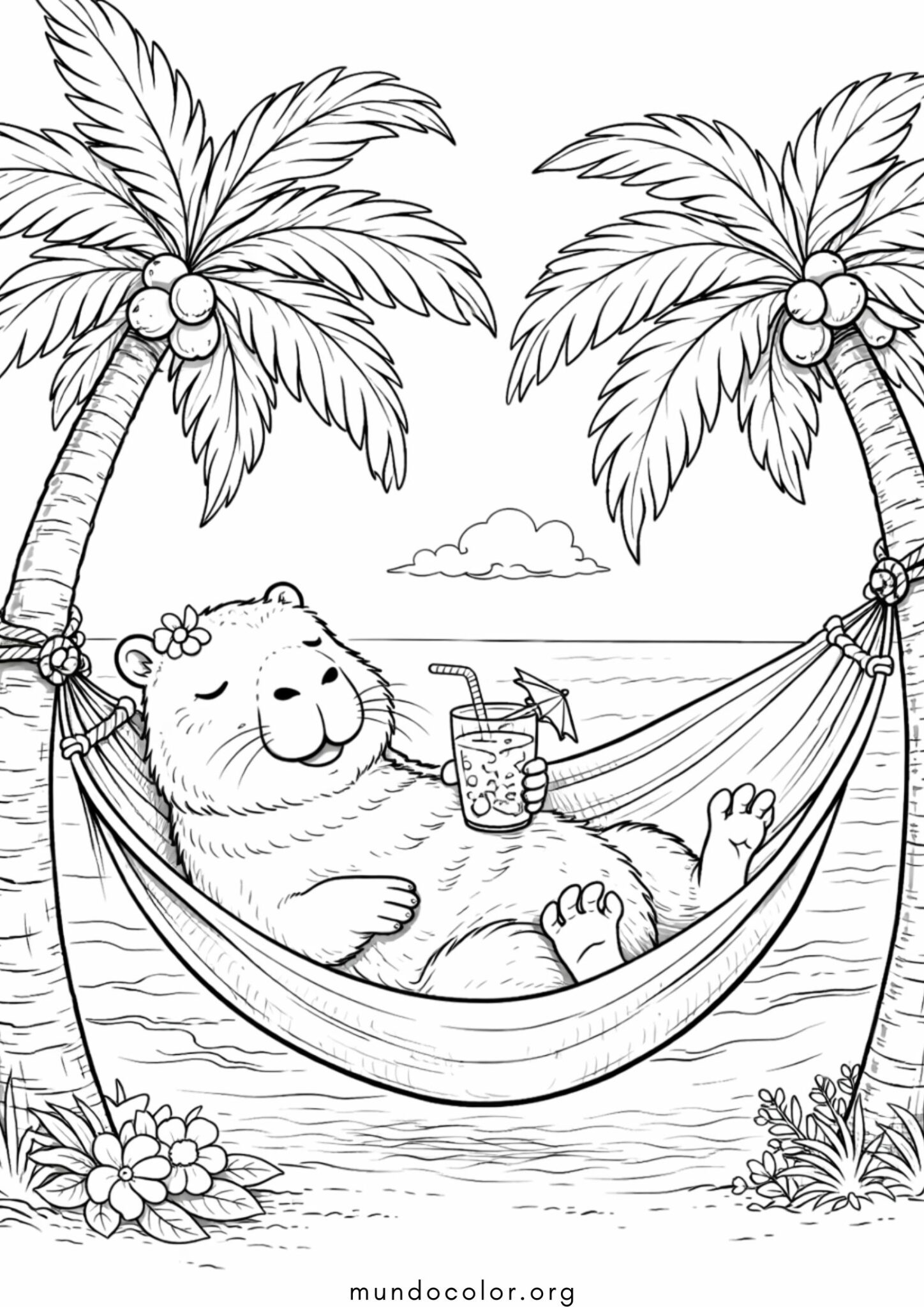 Dibujo de Un carpincho descansando en una hamaca para colorear