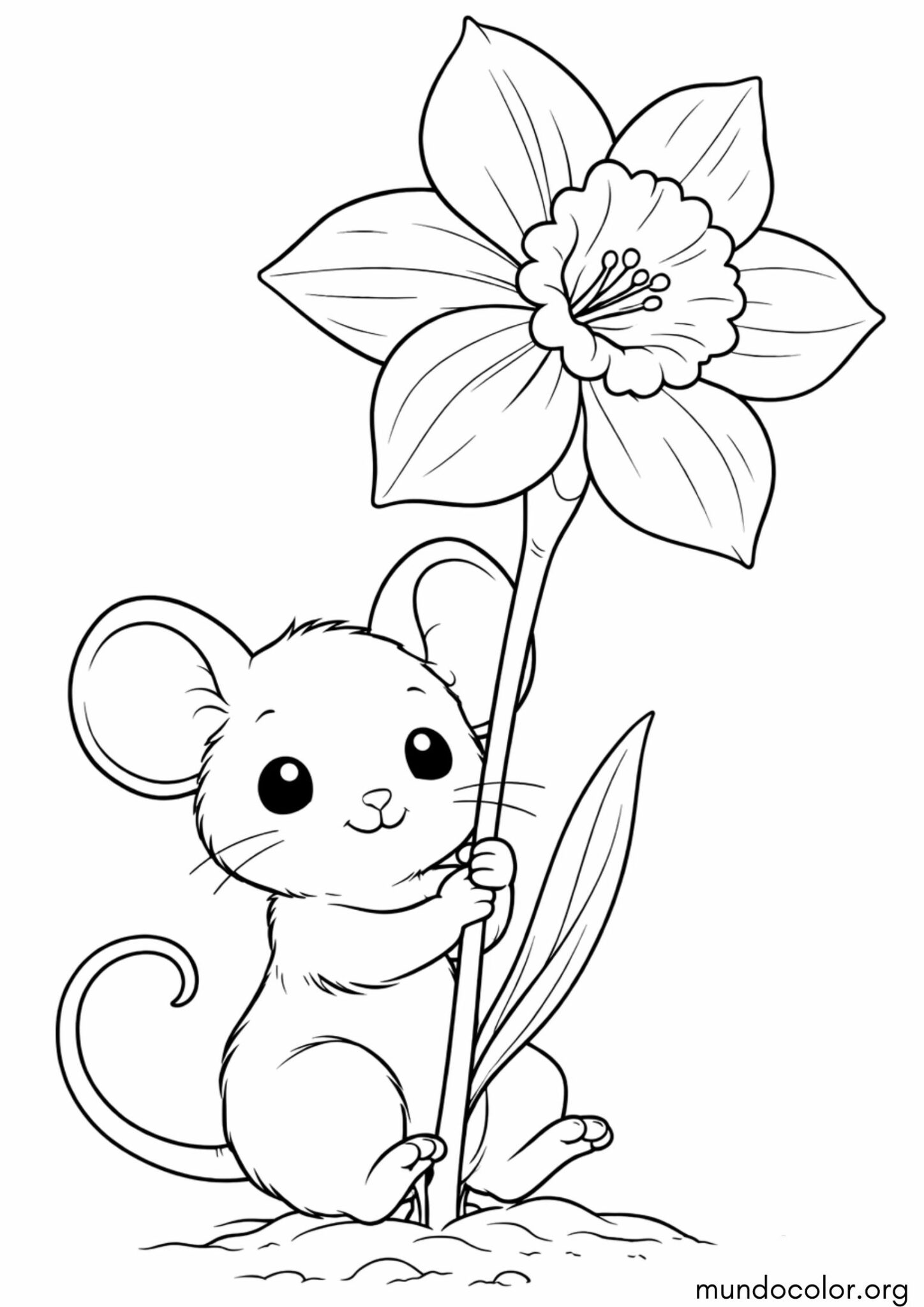 Dibujo de Primavera – Ratón con un narciso para colorear