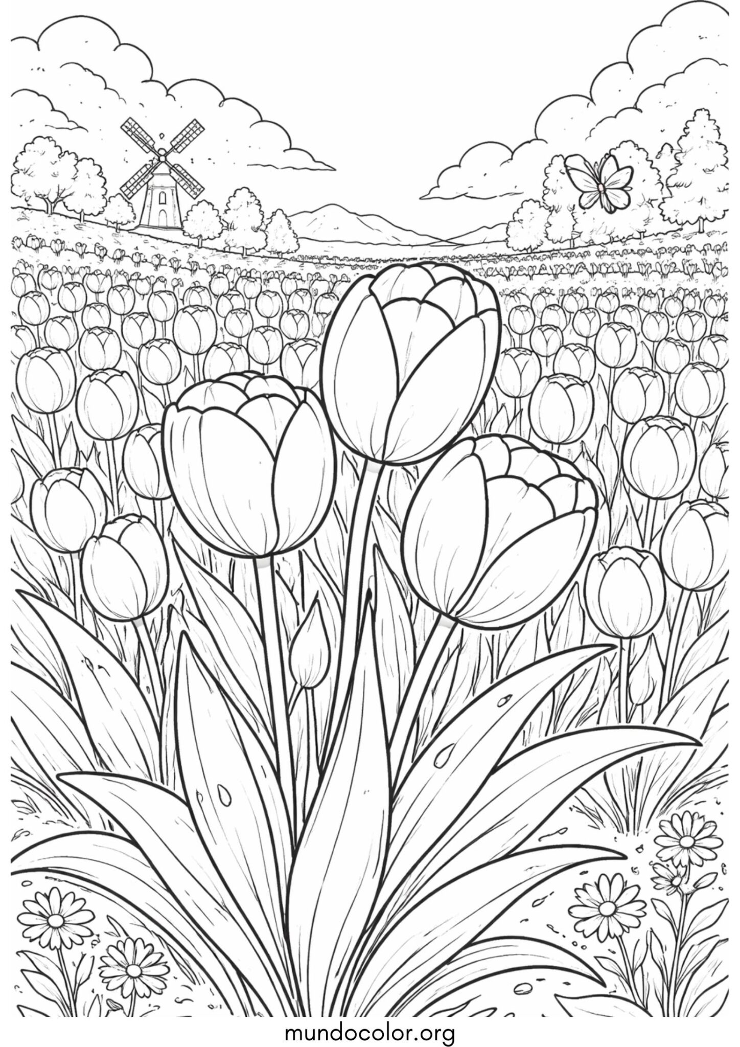 Dibujo de Tulipanes de primavera para colorear