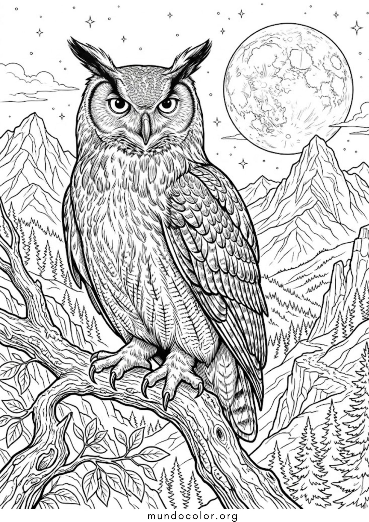 Dibujo de Búho con montañas de fondo para colorear