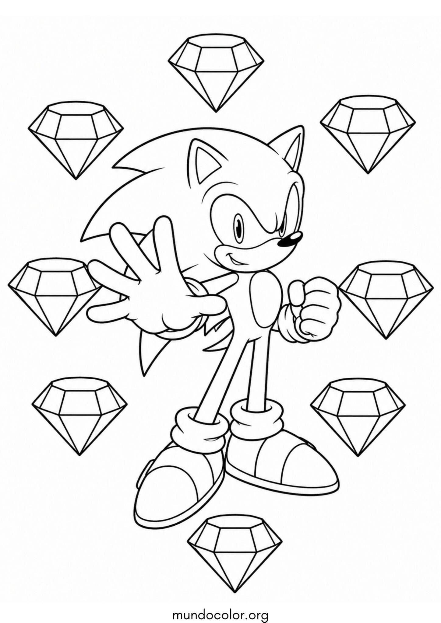 Dibujo de Sonic rodeado de las Esmeraldas del Caos para colorear