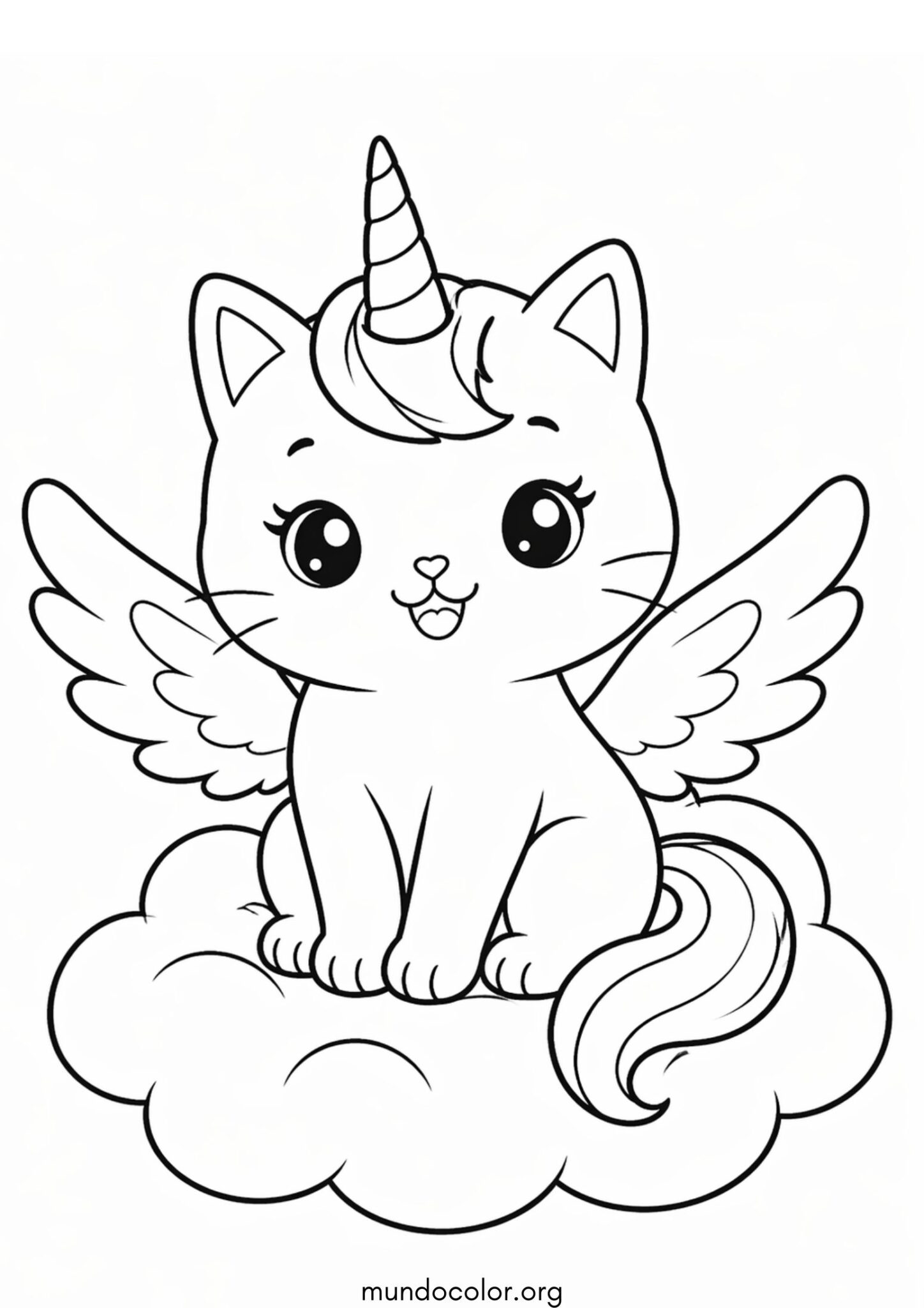 Dibujo de Gaticornio con alitas sobre una nubecita para colorear