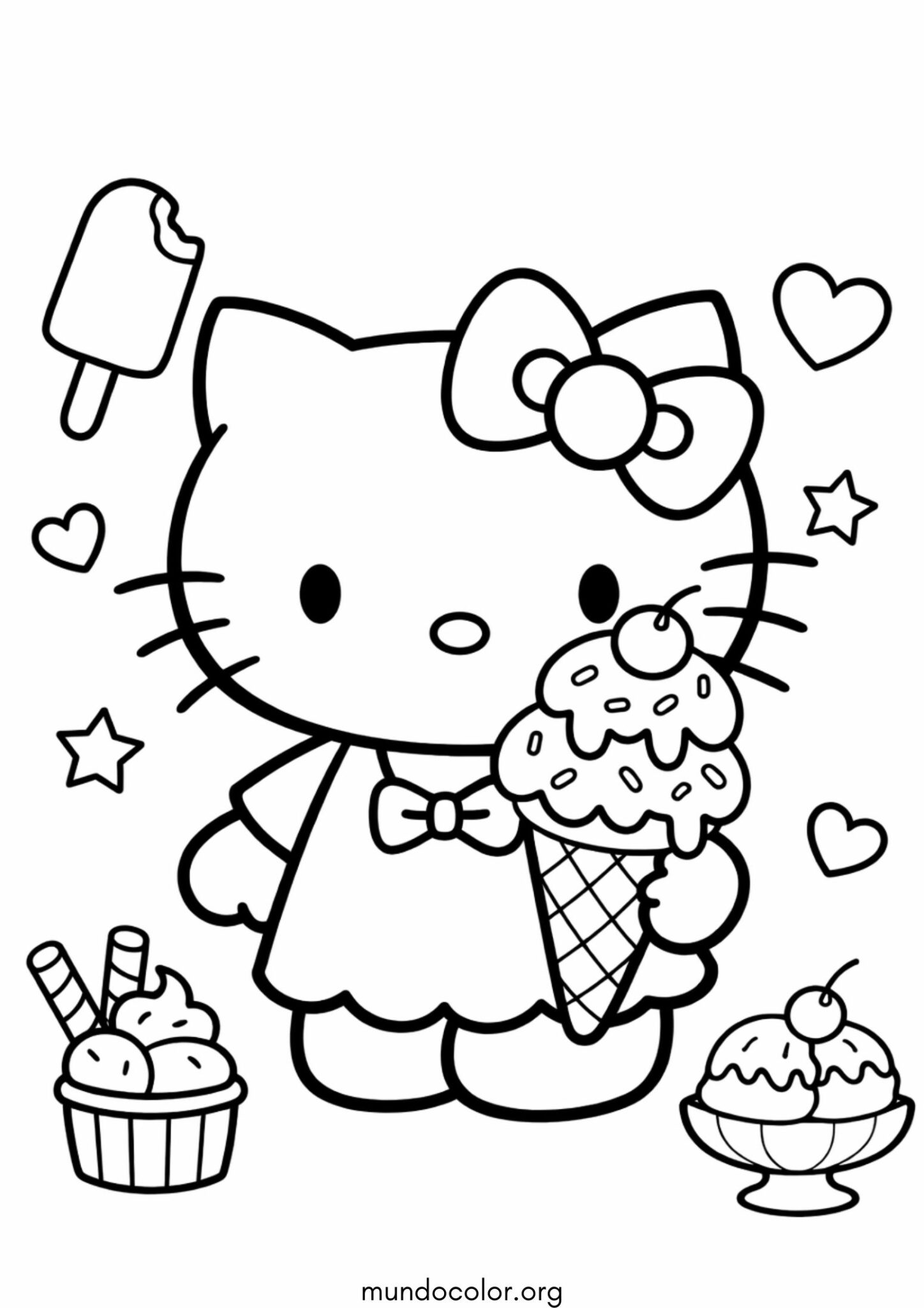 Dibujo de Hello Kitty con un helado para colorear