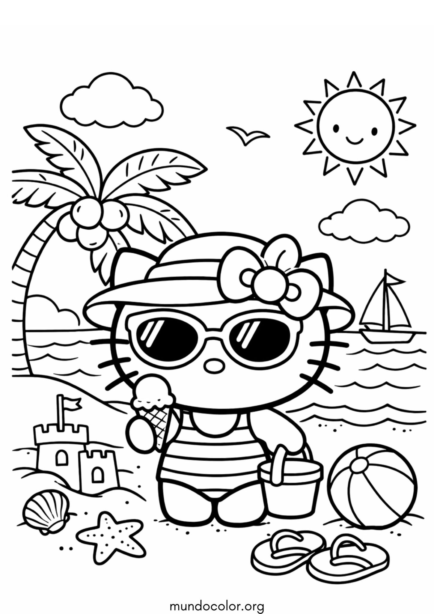 Dibujo de Hello Kitty en la playa para colorear