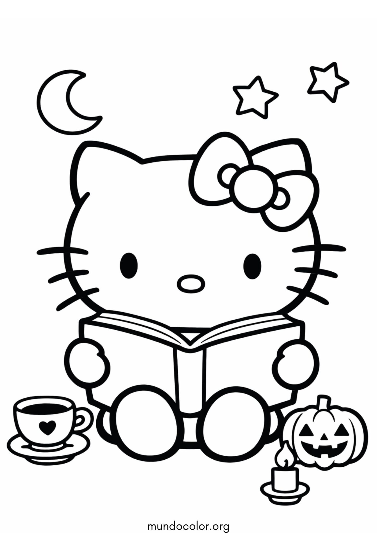 Dibujo de Hello Kitty leyendo un libro para colorear