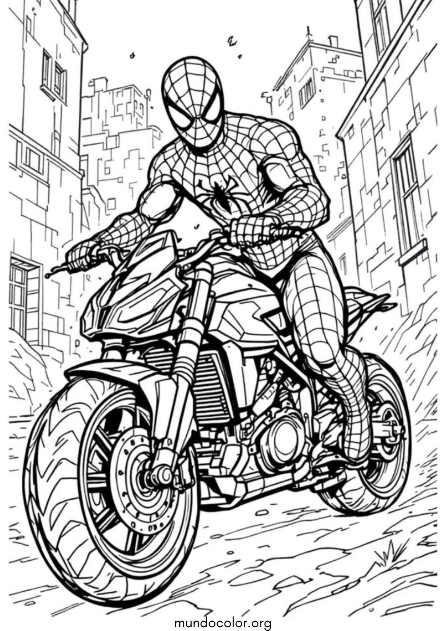 Dibujo de Hombre Araña en moto para colorear