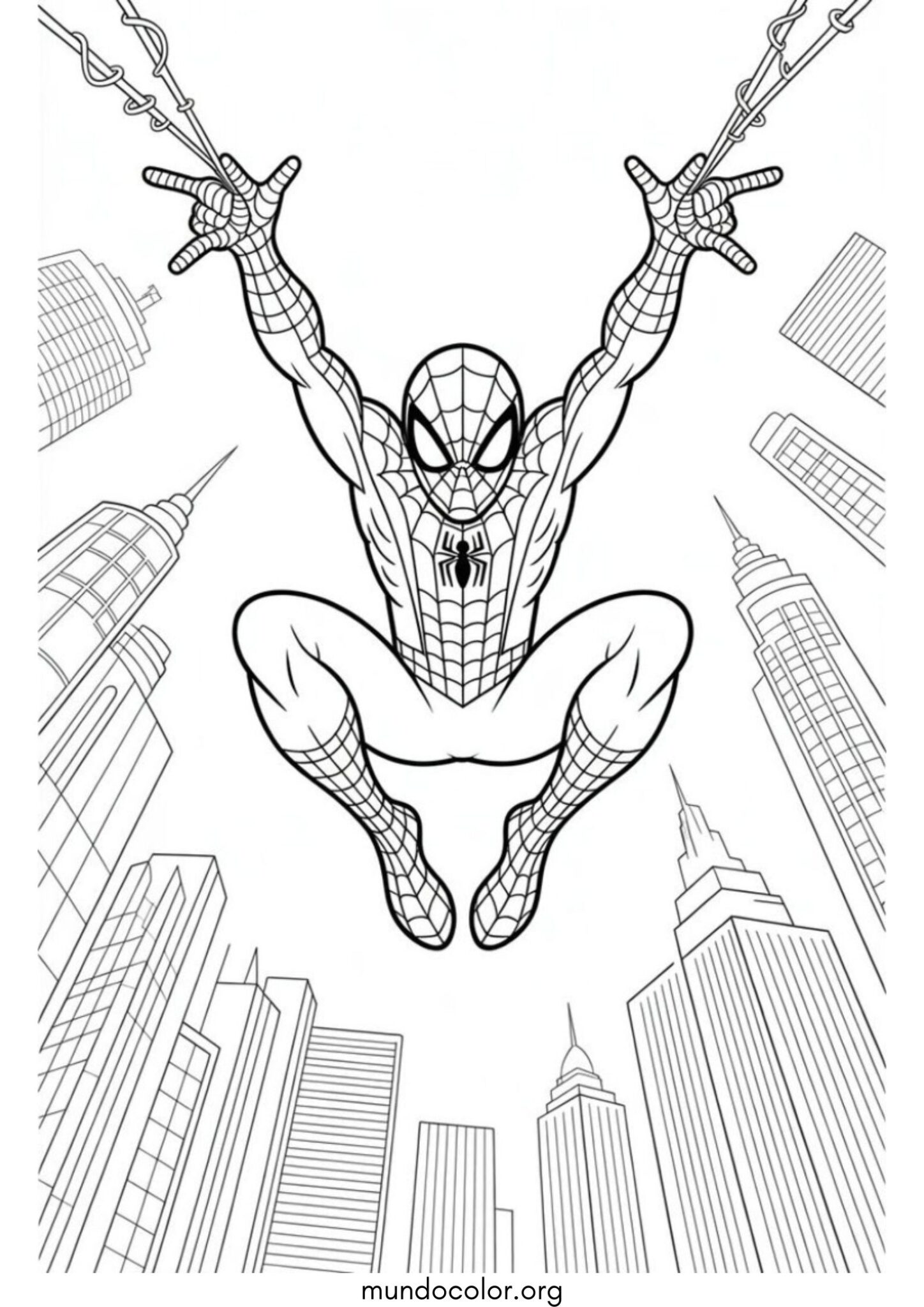 Dibujo de Hombre Araña volando con su telaraña para colorear