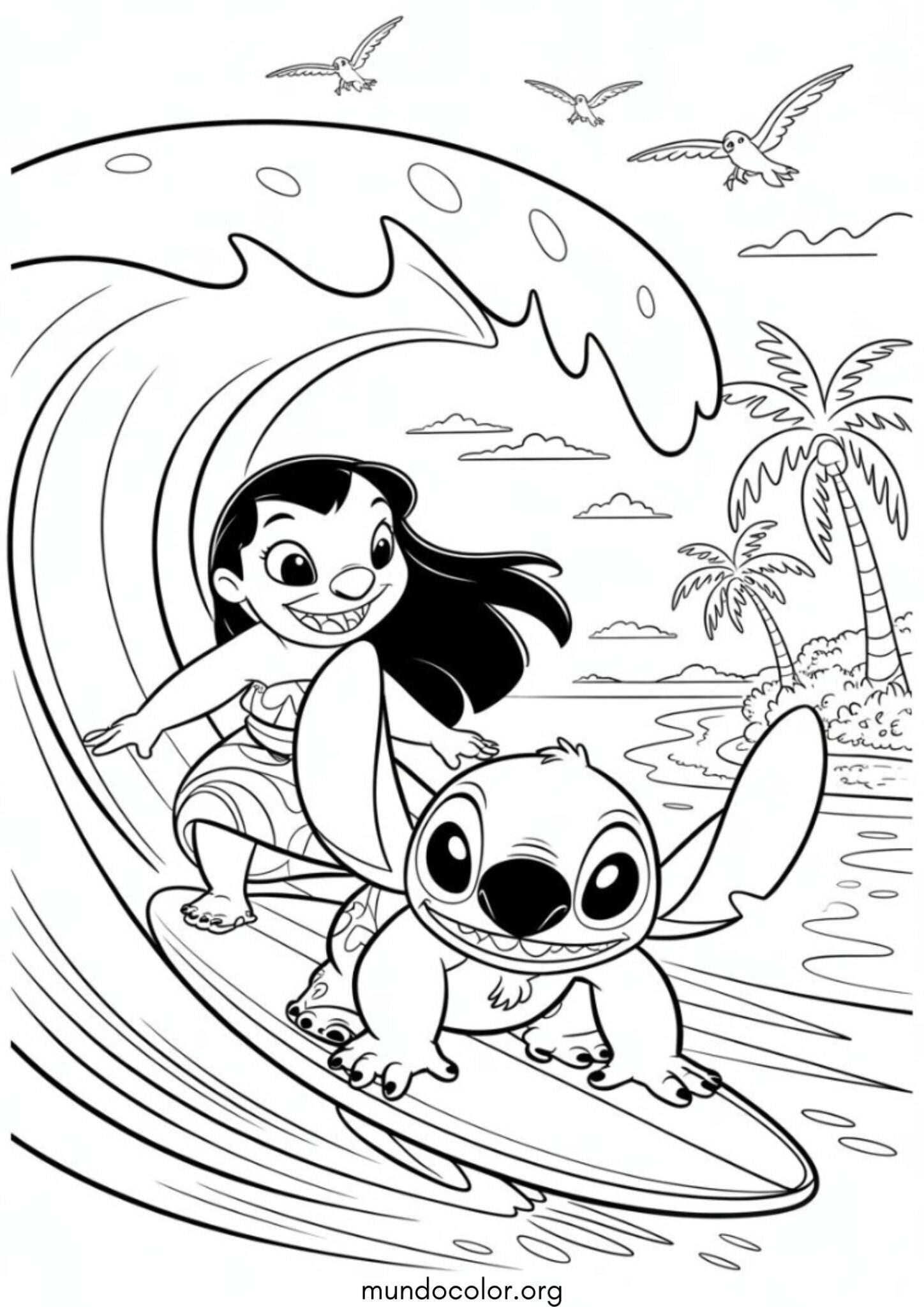 Dibujo de Lilo y Stitch haciendo surf para colorear
