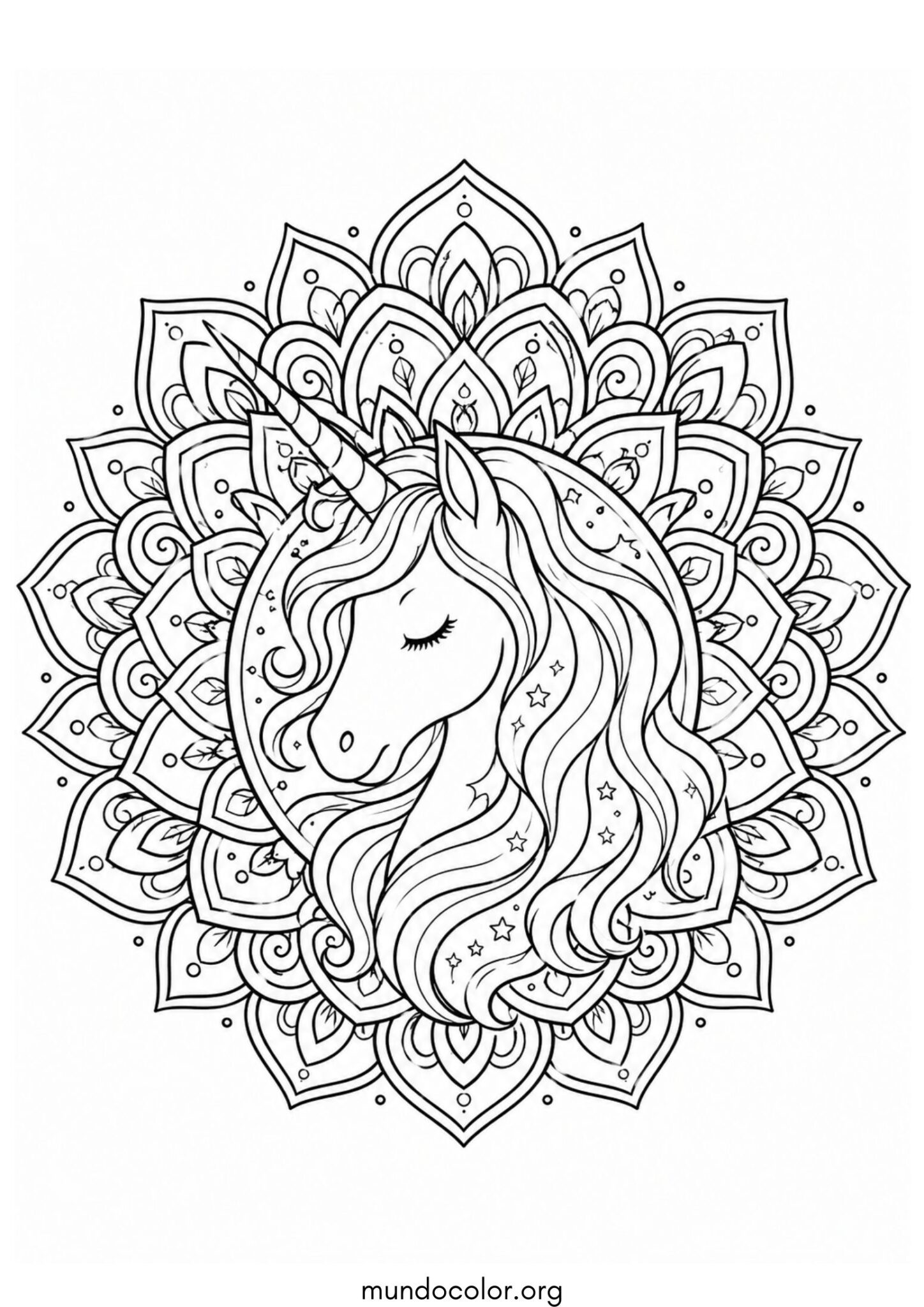 Dibujo de Mandala de unicornios para colorear