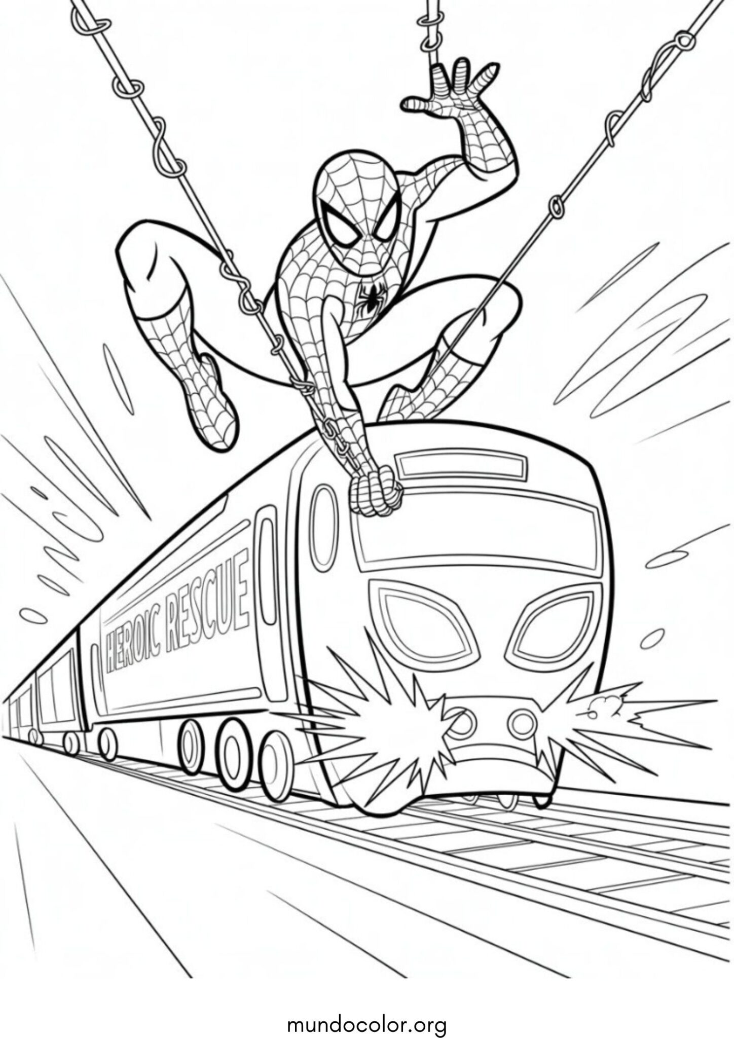 Dibujo de SpiderMan frente a un tren para colorear