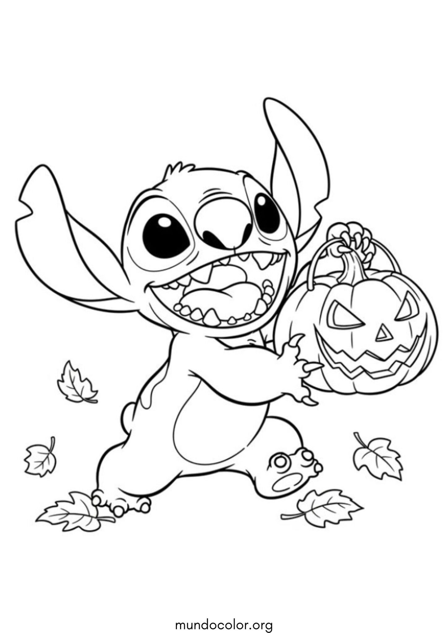 Dibujo de Stitch con una calabaza de Halloween para colorear
