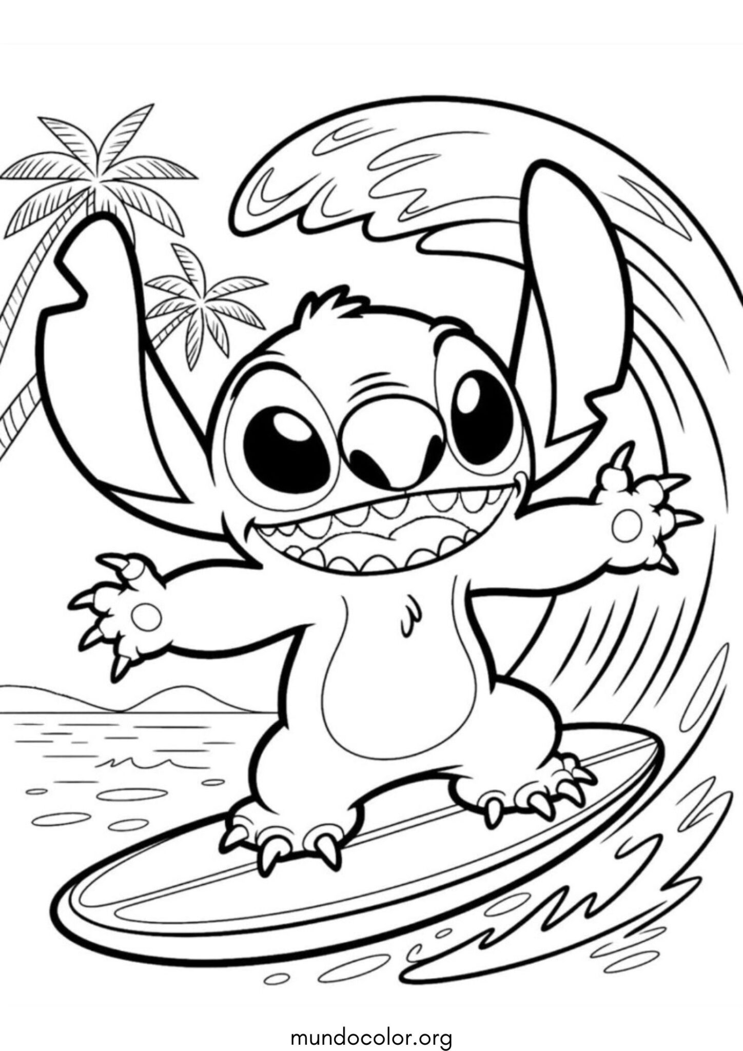 Dibujo de Stitch en tabla de surf para colorear