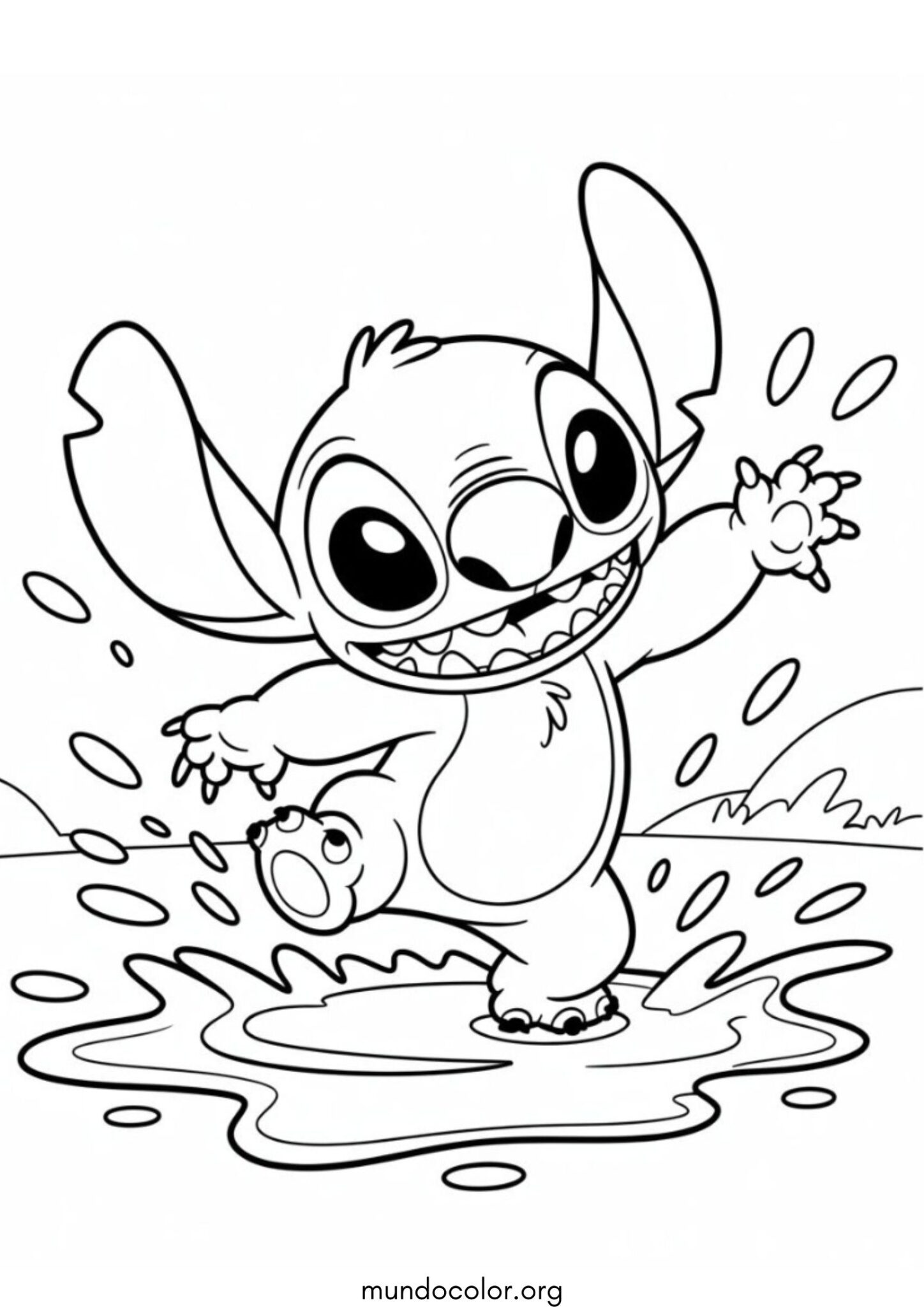 Dibujo de Stitch en un charco para colorear