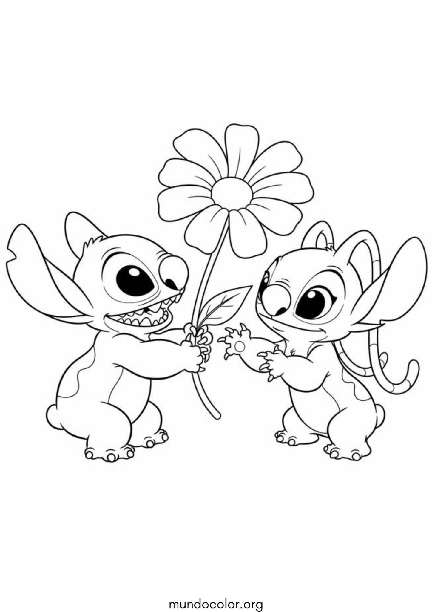 Dibujo de Stitch le da una flor a Angel para colorear