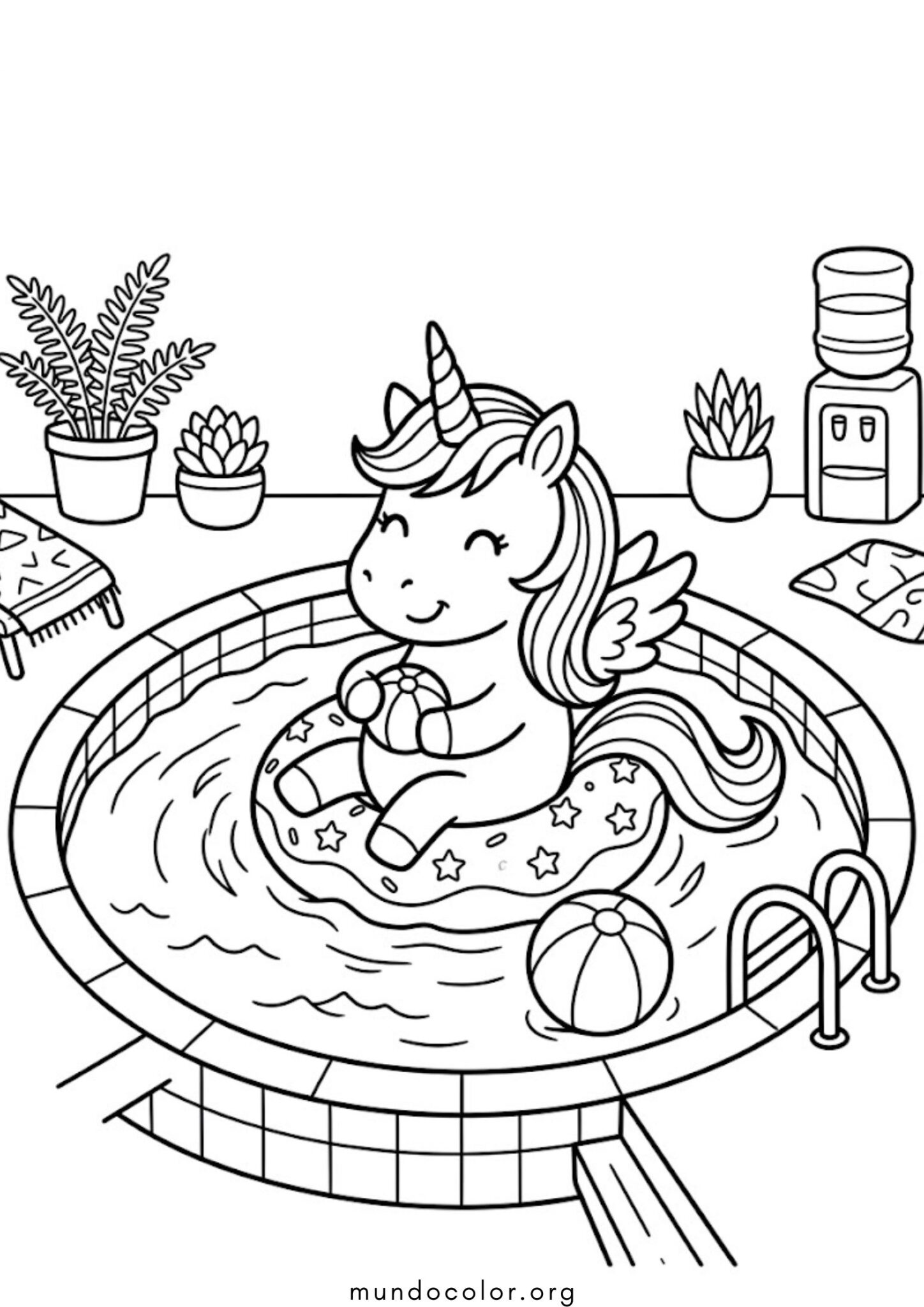 Dibujo de Unicornio kawaii en la piscina para colorear