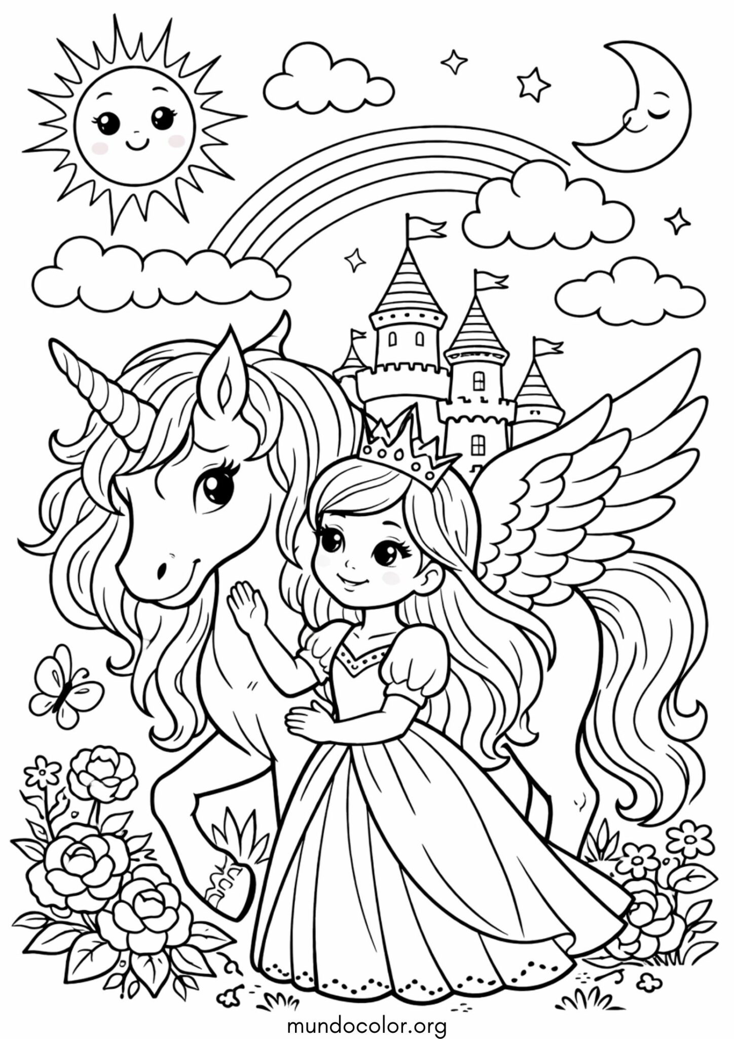 Dibujo de Unicornio y princesa para colorear