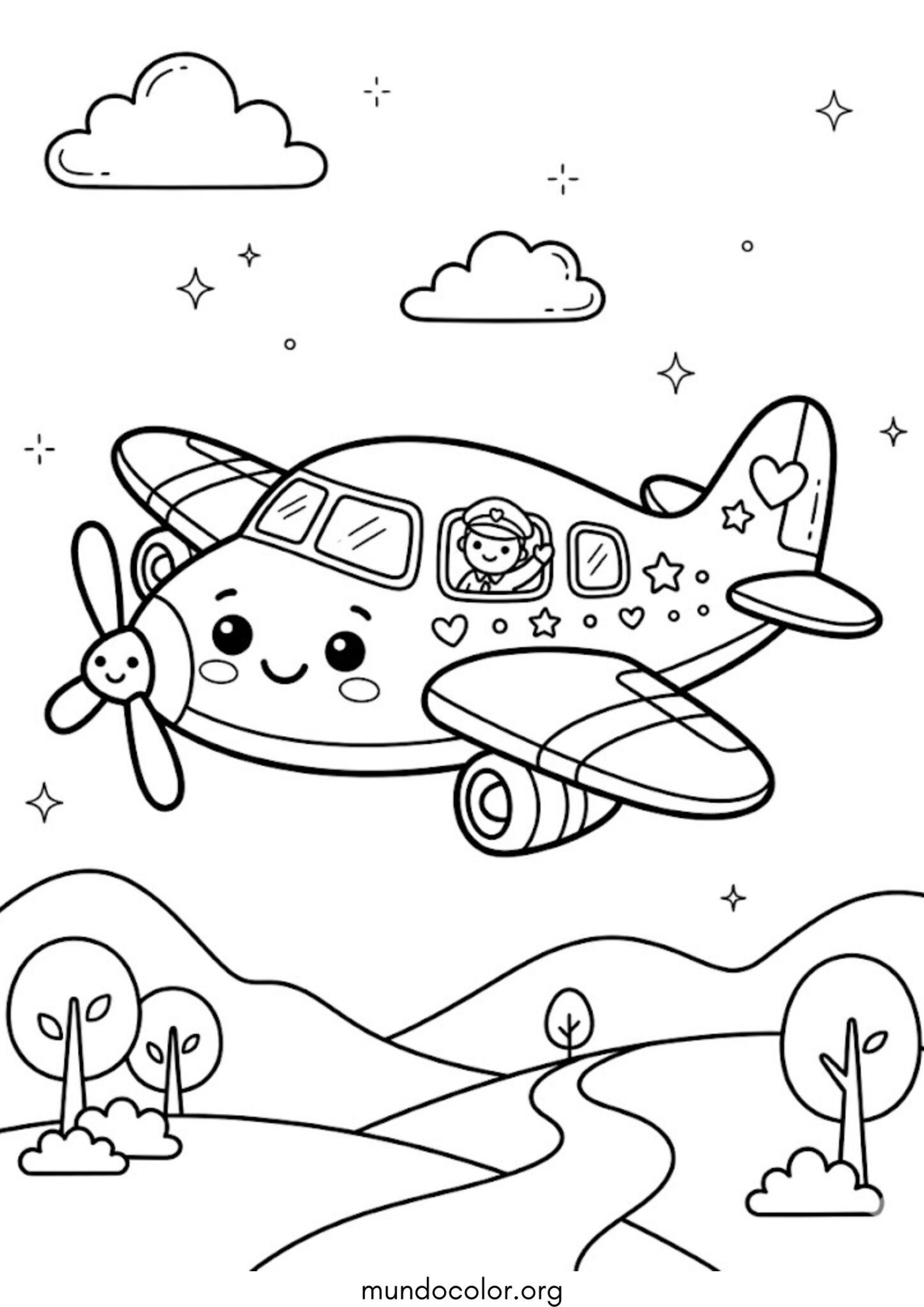 Dibujo de Avión kawaii para colorear