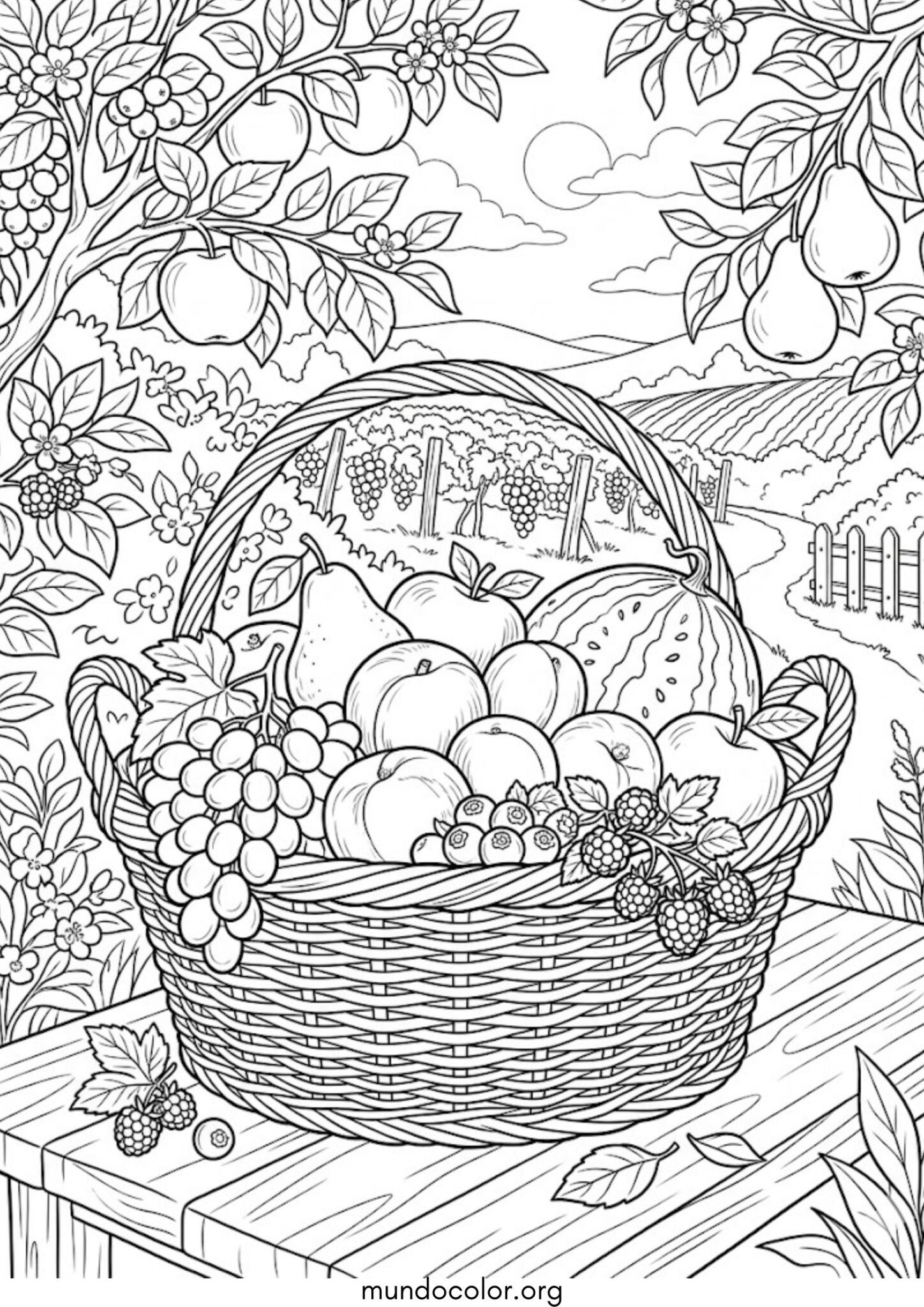 Dibujo de Cesta de frutas de verano para imprimir Dibujo de Cesta de frutas de verano para colorear