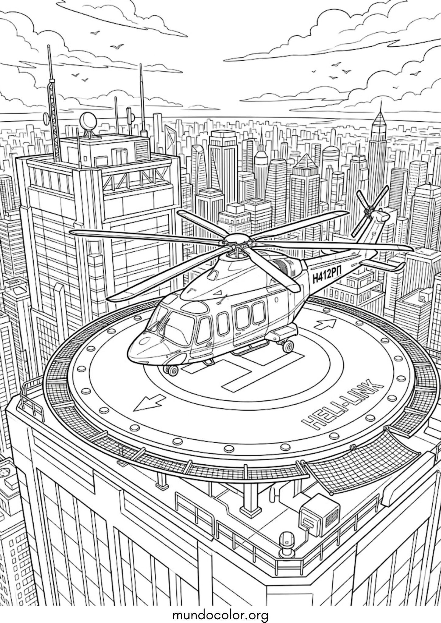 Dibujo de Helicóptero en el helipuerto de un rascacielos para colorear