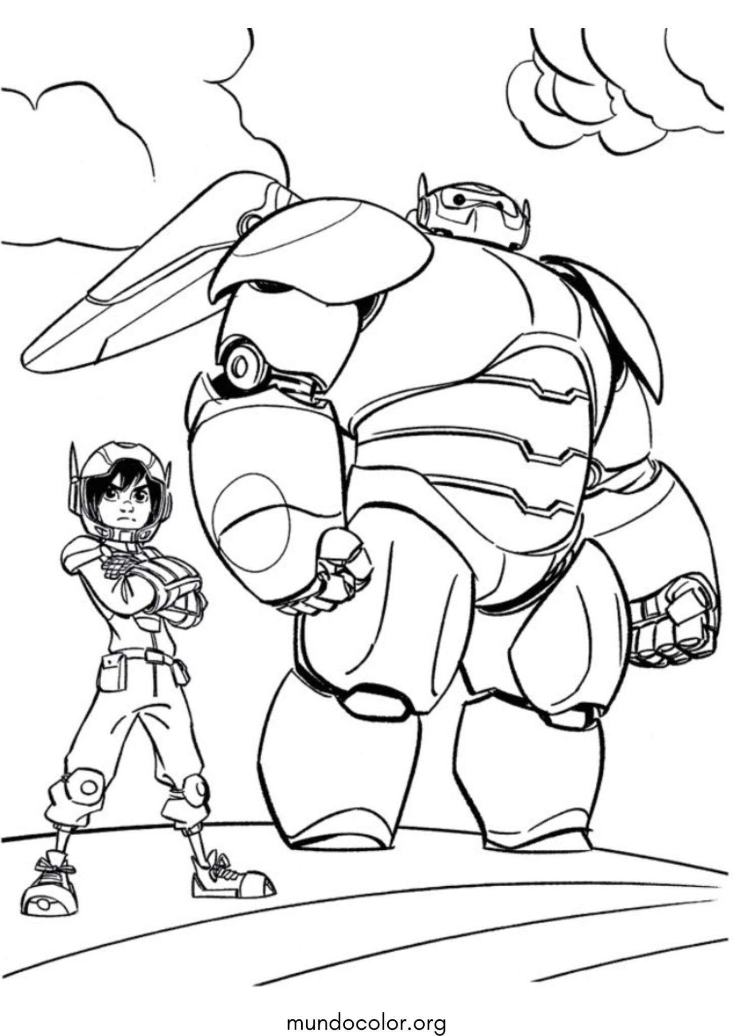 Dibujo de Hiro Hamada y Baymax con armadura de combate para colorear
