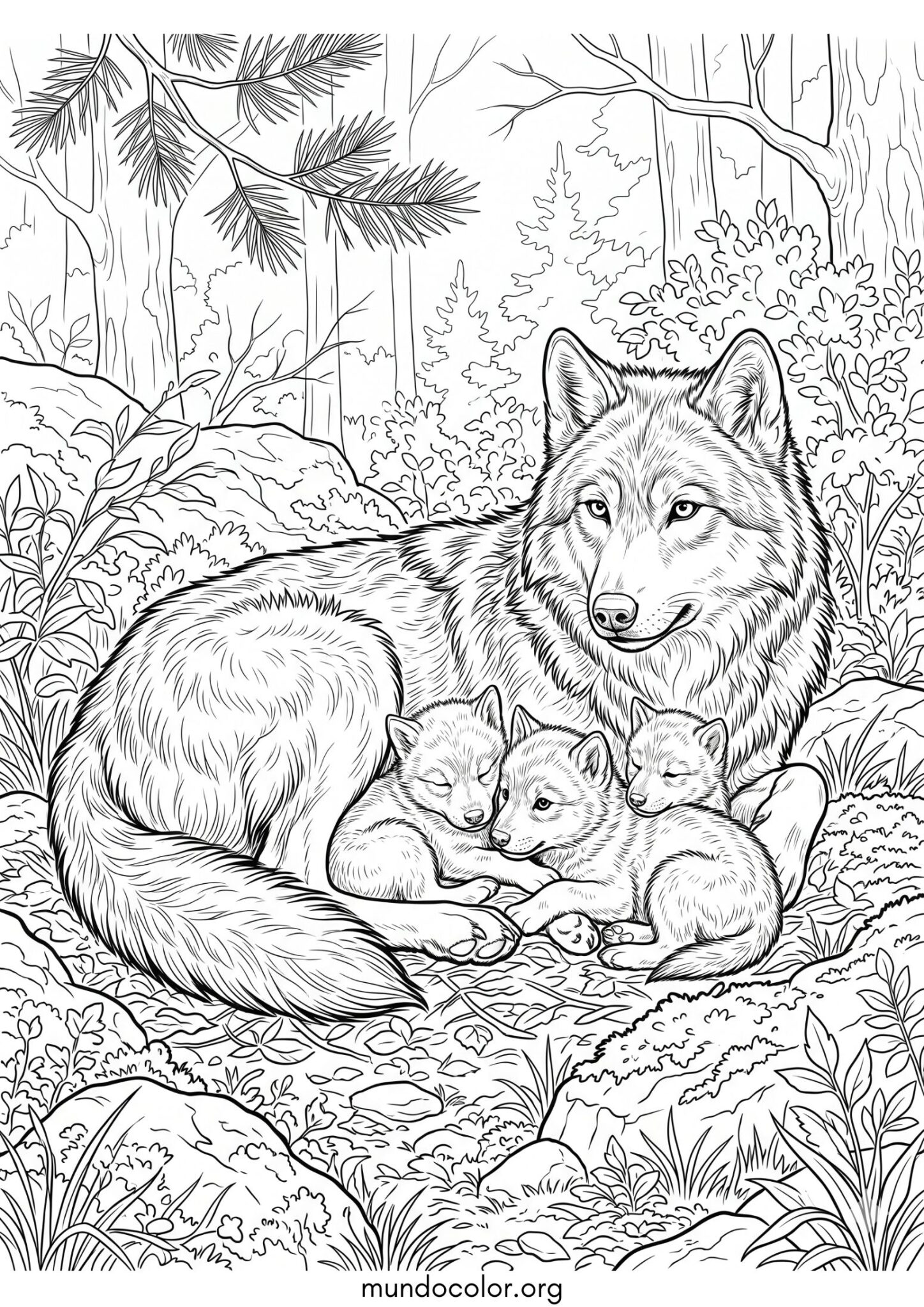 Dibujo de Loba con sus cachorros para imprimir Dibujo de Loba con sus cachorros para colorear