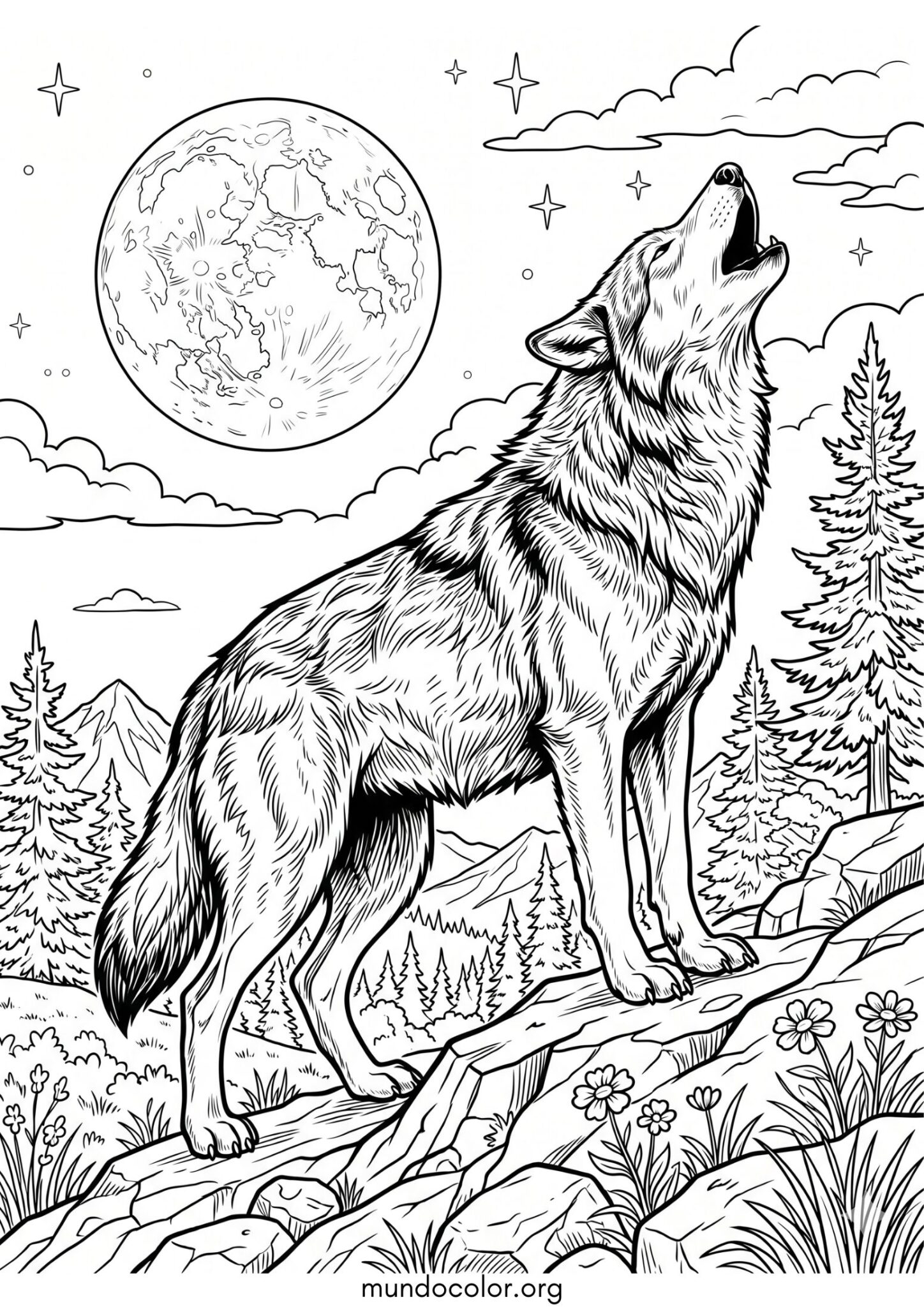 Dibujo de Lobo aullando a la luna para colorear