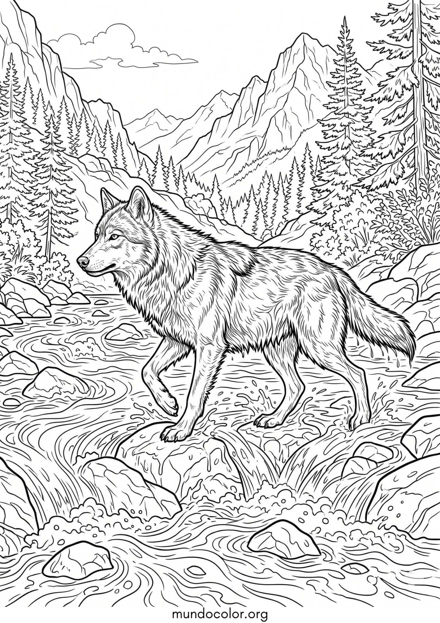 Dibujo de Lobo cruzando un río para colorear