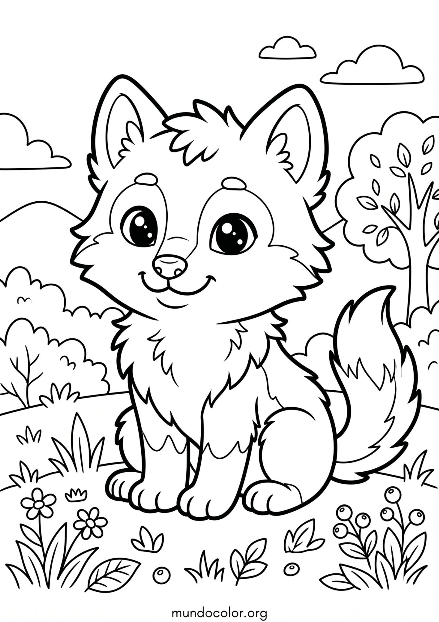 Dibujo de Lobo kawaii para colorear