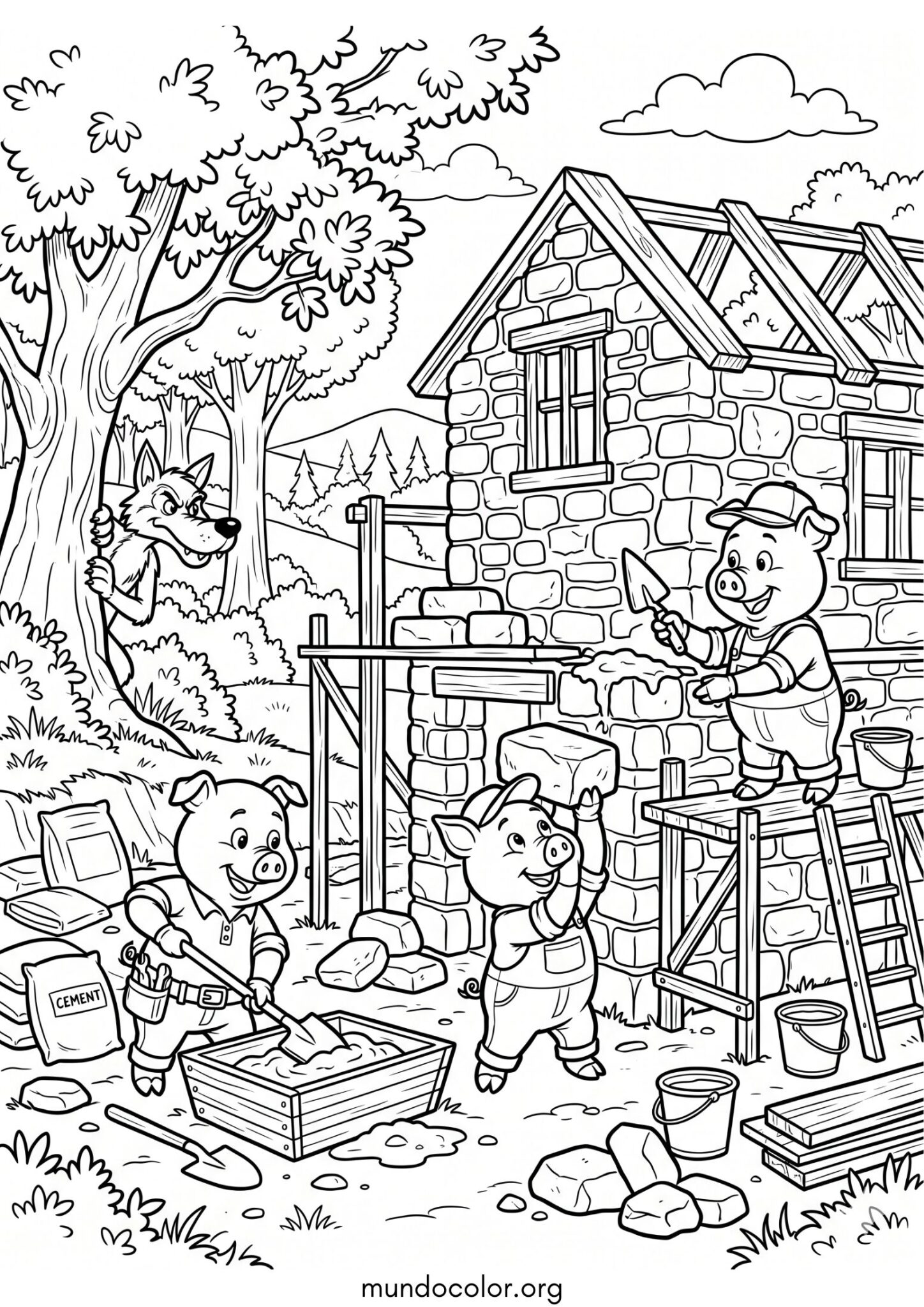 Dibujo de Los tres cerditos y el lobo para colorear