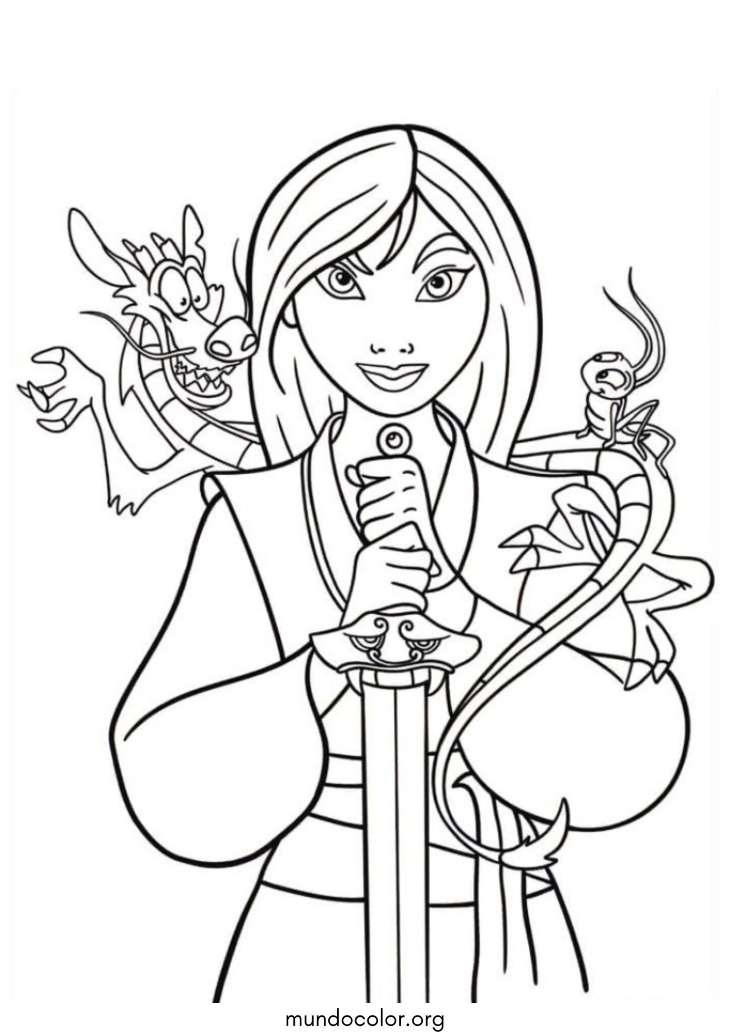 Dibujo de Mulan, Mushu y el Grillo para colorear