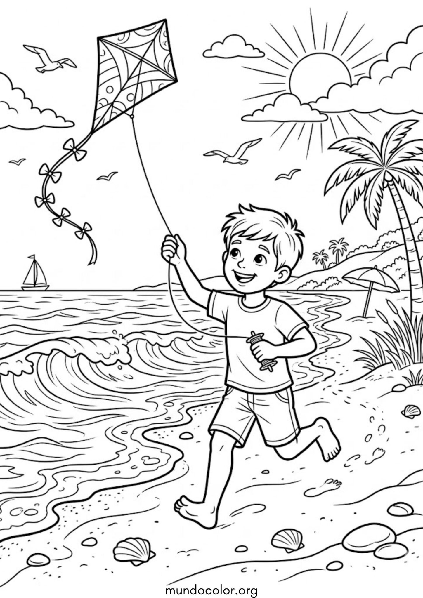 Dibujo de Niño volando cometa en la playa para colorear