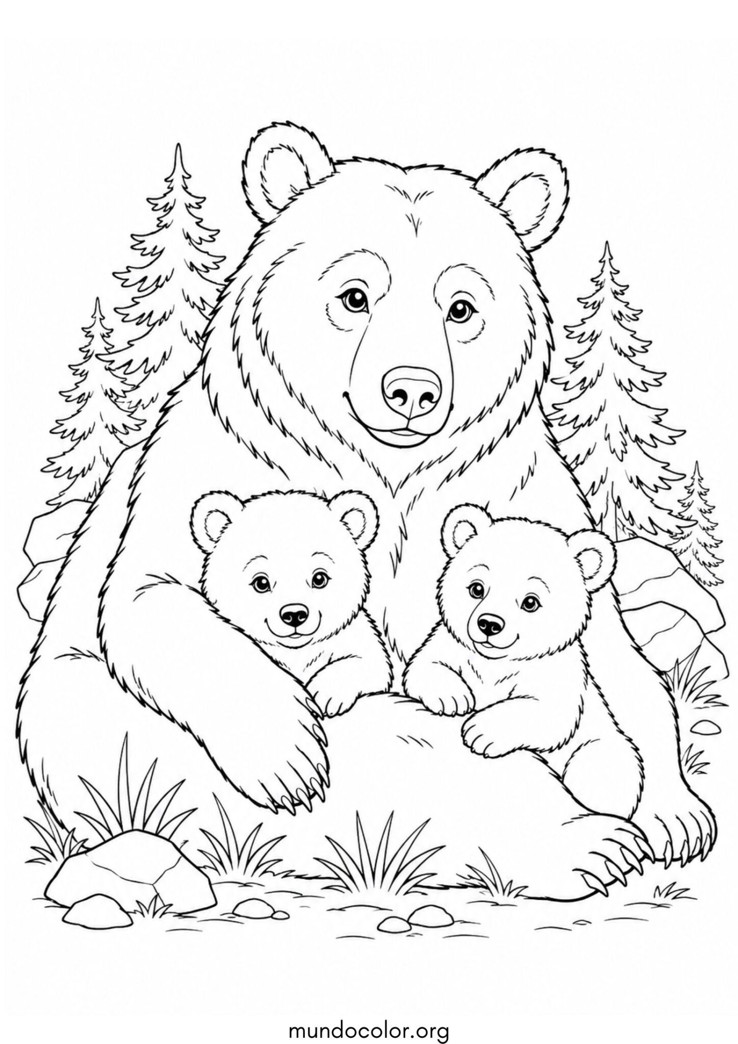 Dibujo de Osa con sus oseznos para colorear