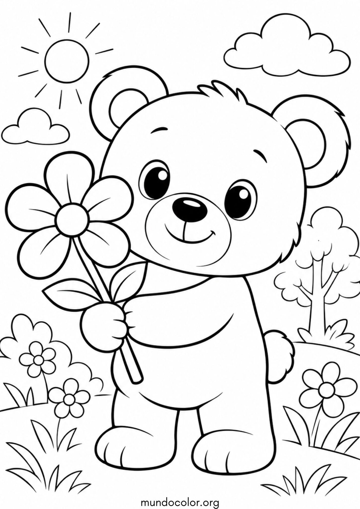 Dibujo de Osito con una flor para imprimir Dibujo de Osito con una flor para colorear