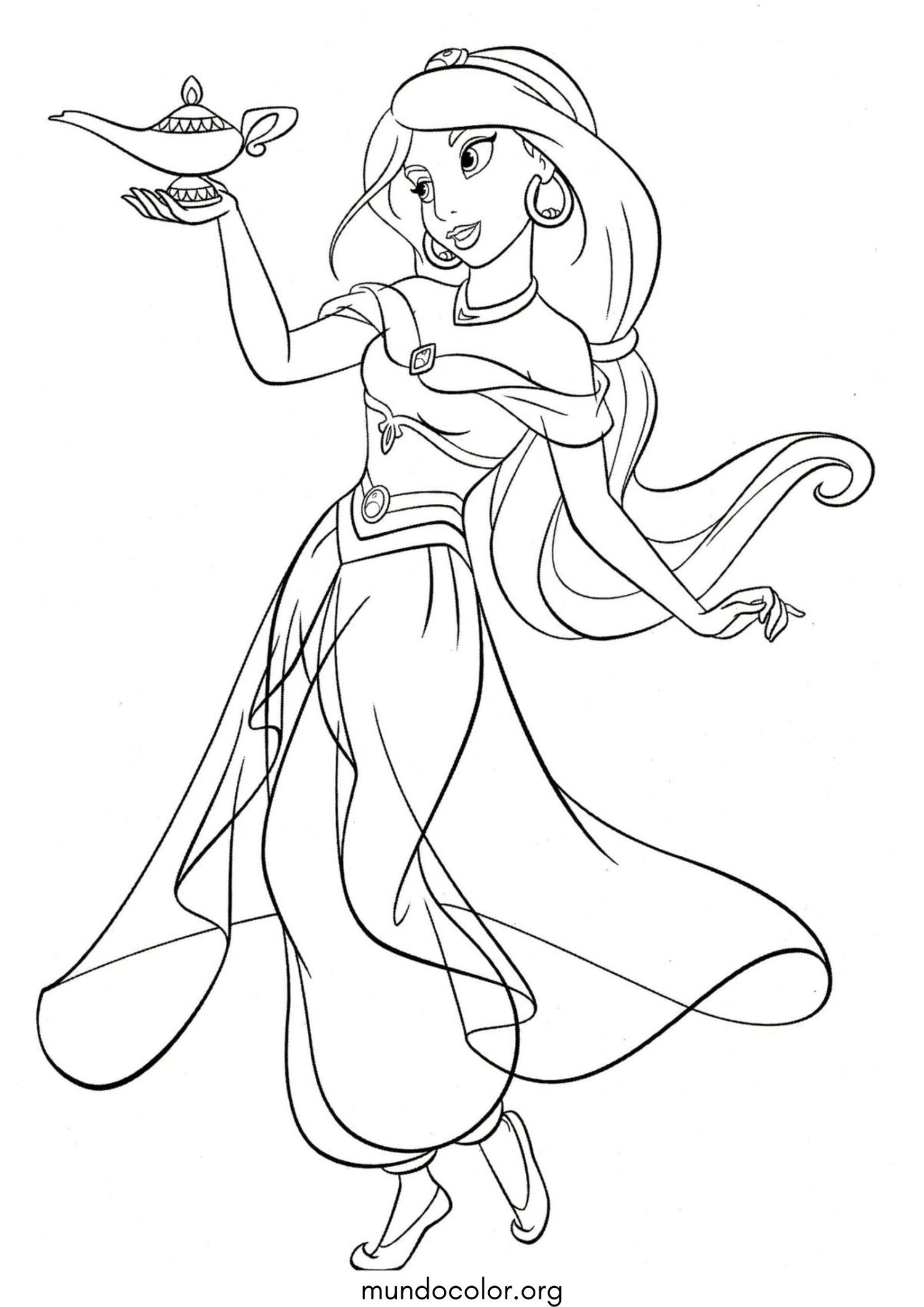 Dibujo de Princesa Jasmín con la lámpara mágica (Aladdín) para colorear