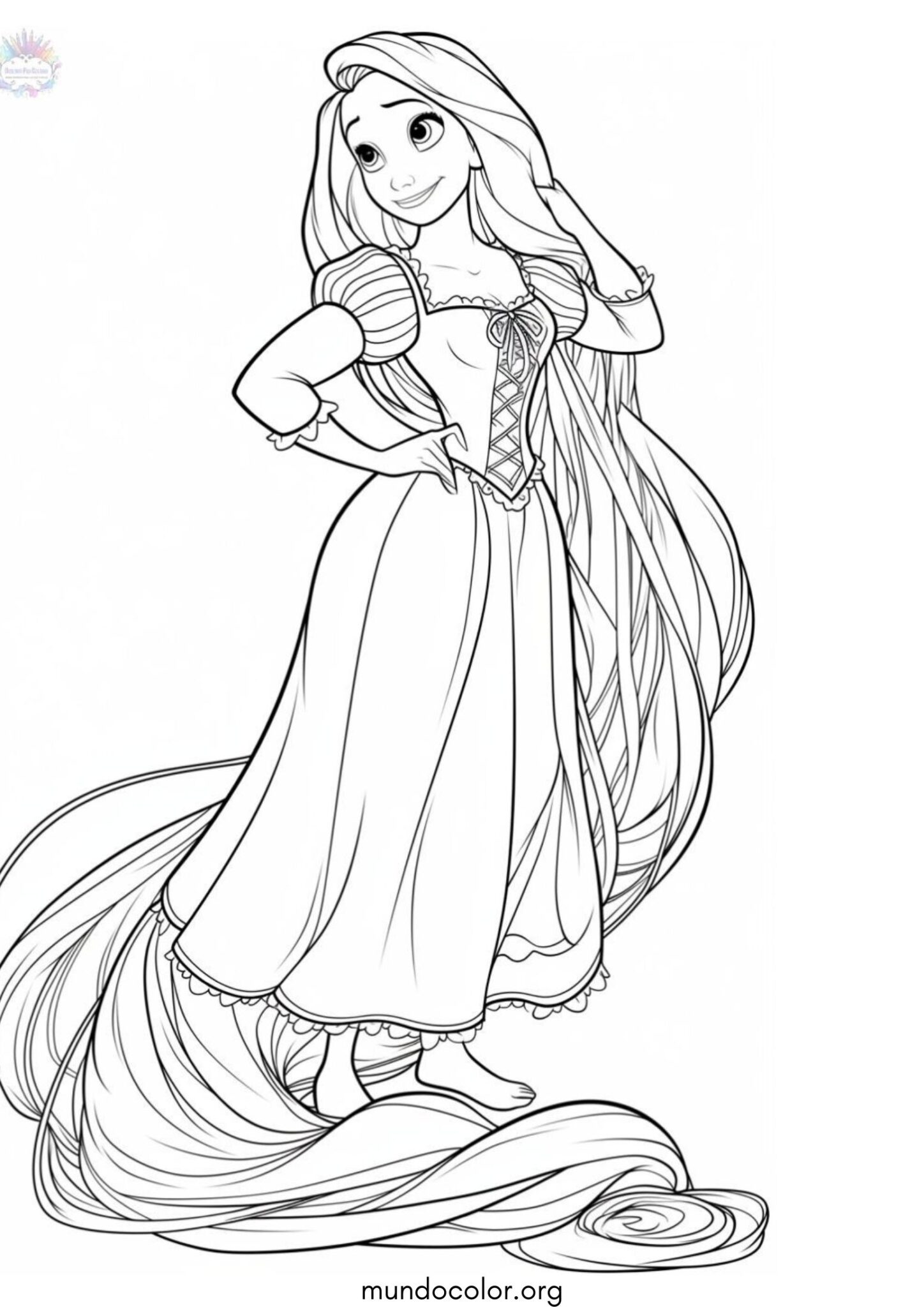 Dibujo de Princesa Rapunzel con el pelo suelto para colorear