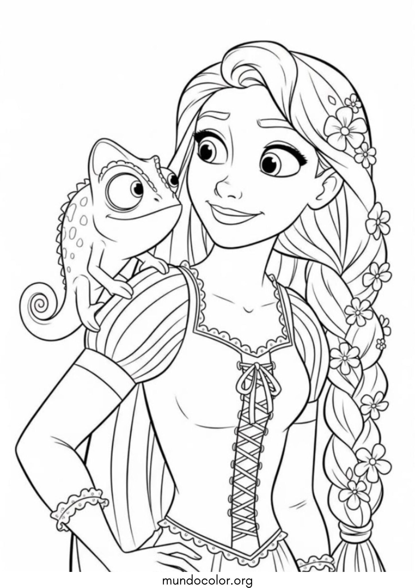 Dibujo de Princesa Rapunzel y el camaleón Pascal para colorear