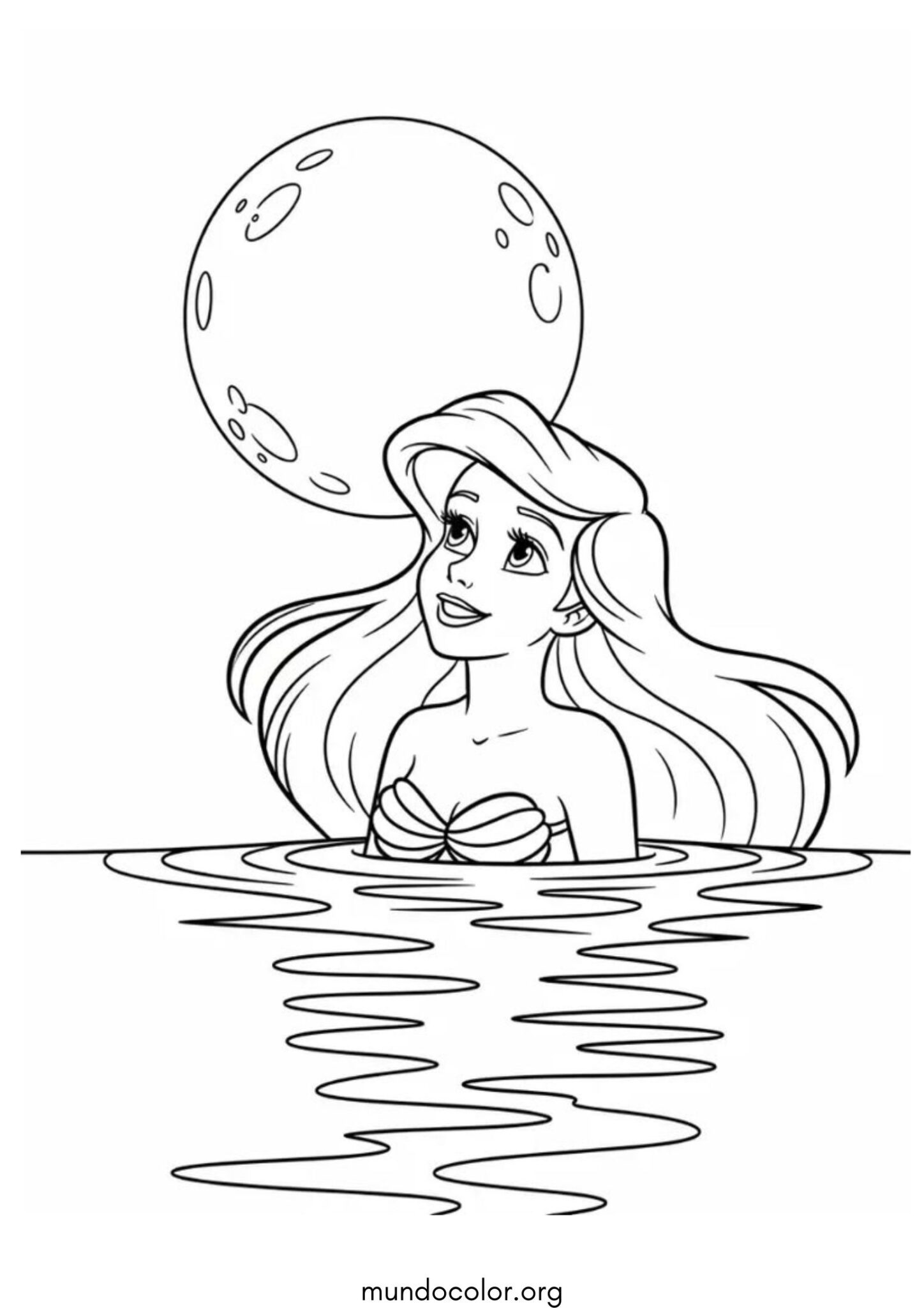Dibujo de Princesa Sirenita Ariel con la luna de fondo para colorear