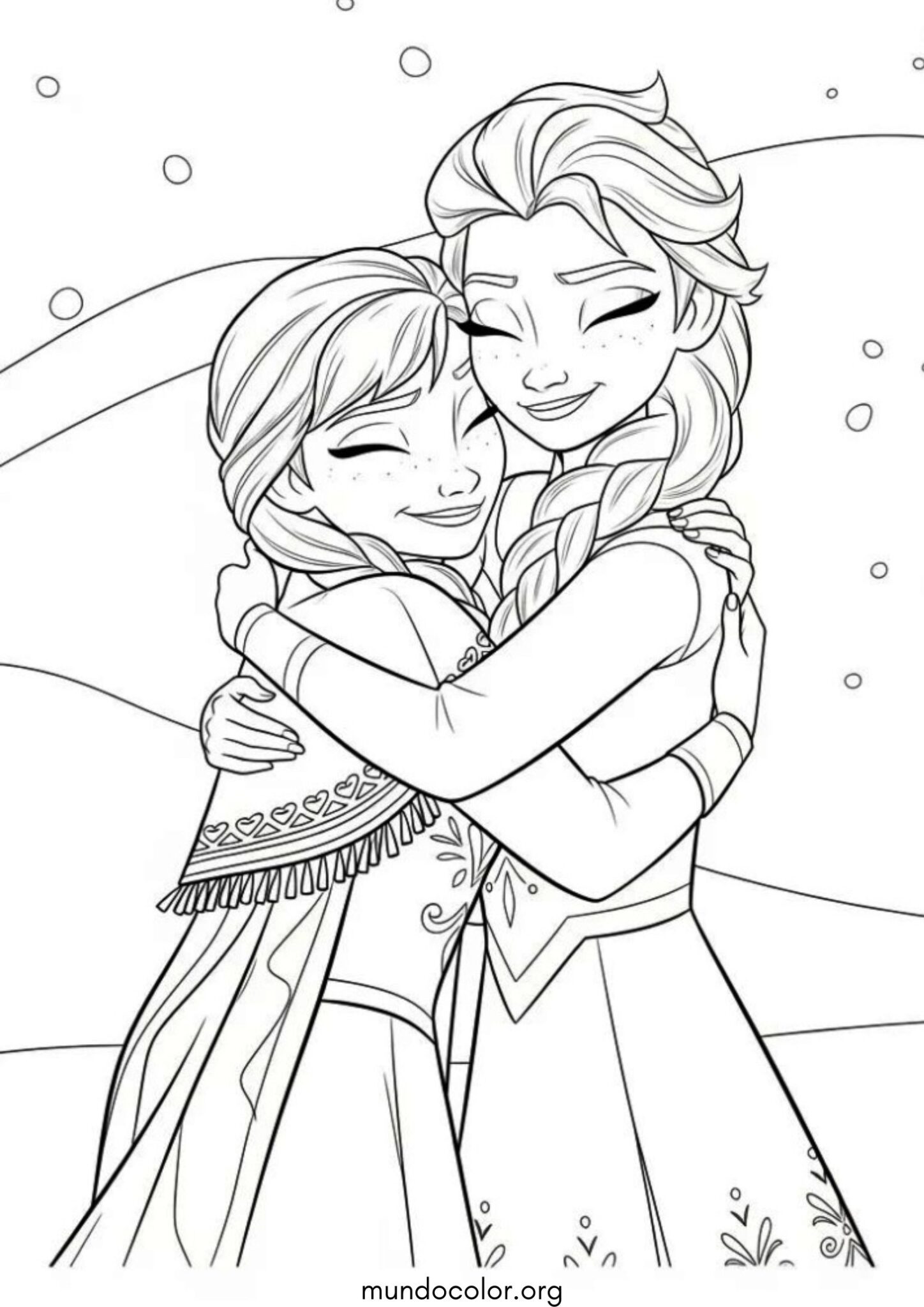 Dibujo de Princesas Anna y Elsa abrazándose (Frozen) para colorear