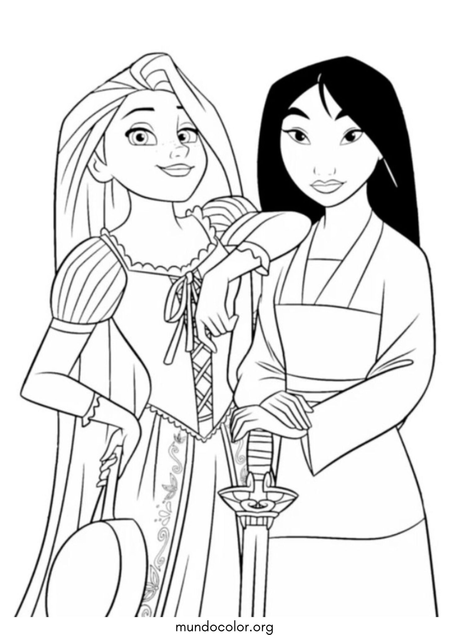 Dibujo de Princesas Rapunzel y Mulan para colorear