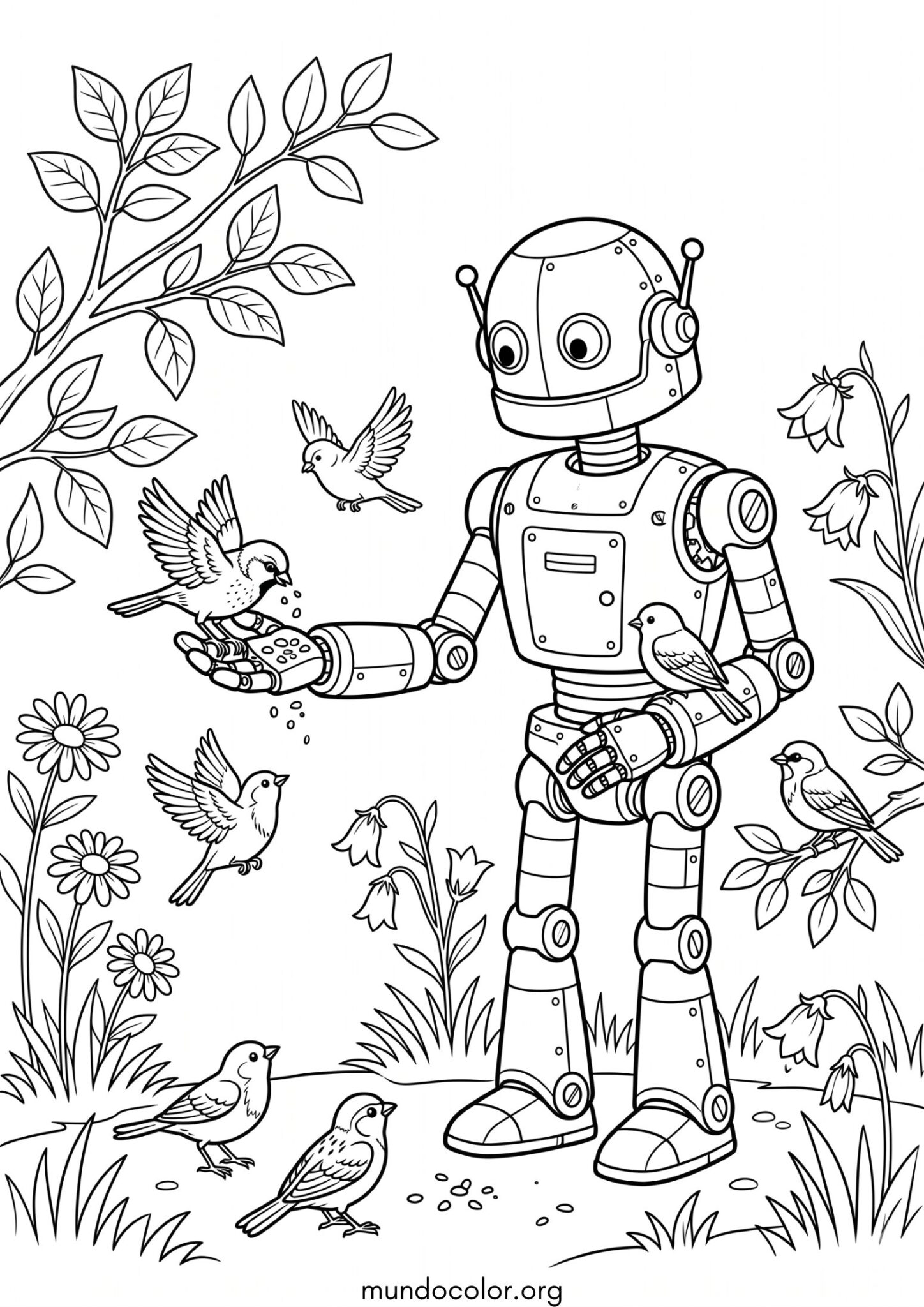 Dibujo de Robot alimentando a los pájaros para imprimir Dibujo de Robot alimentando a los pájaros para colorear