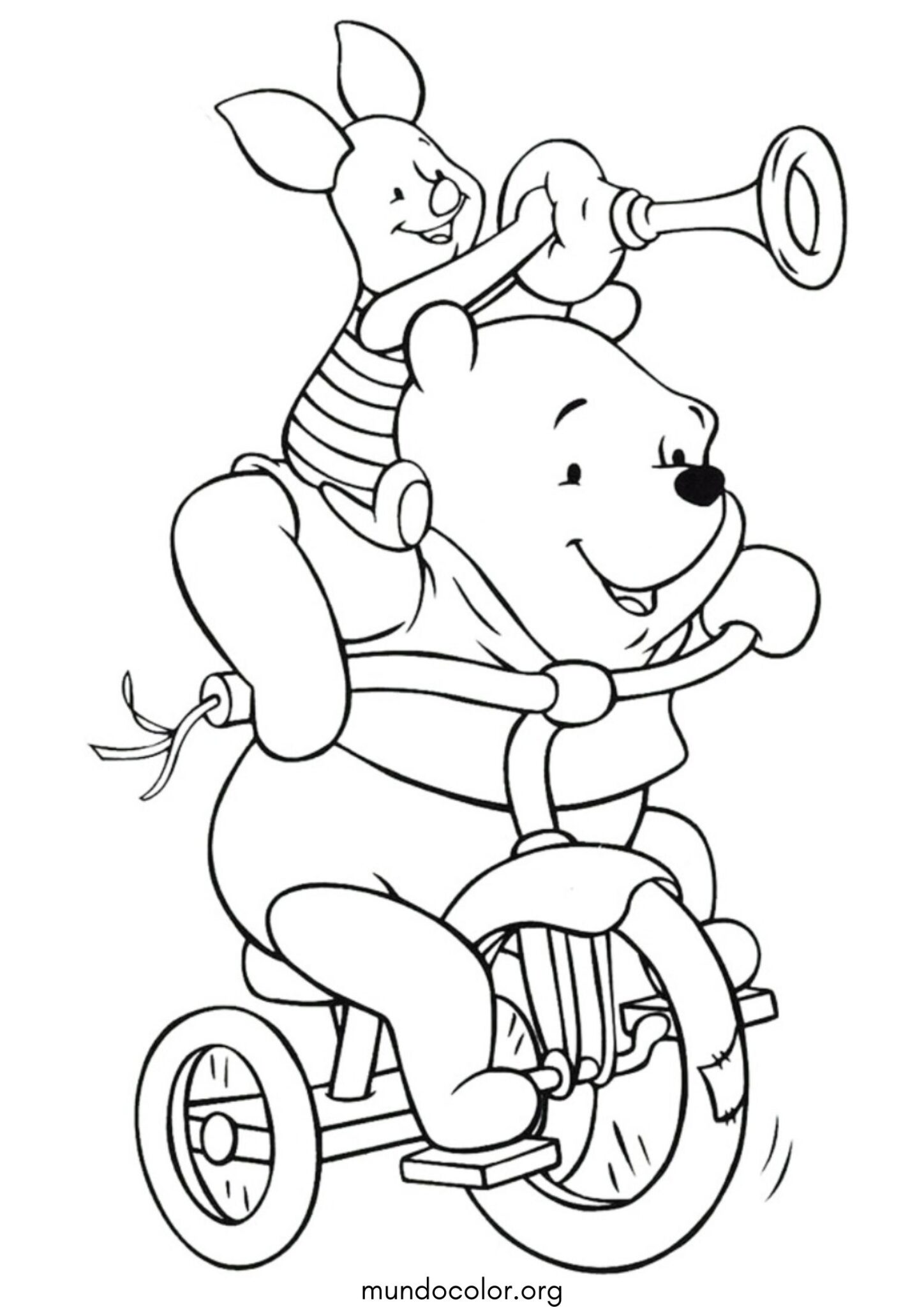 Dibujo de Winnie Pooh y Piglet en bicicleta para colorear
