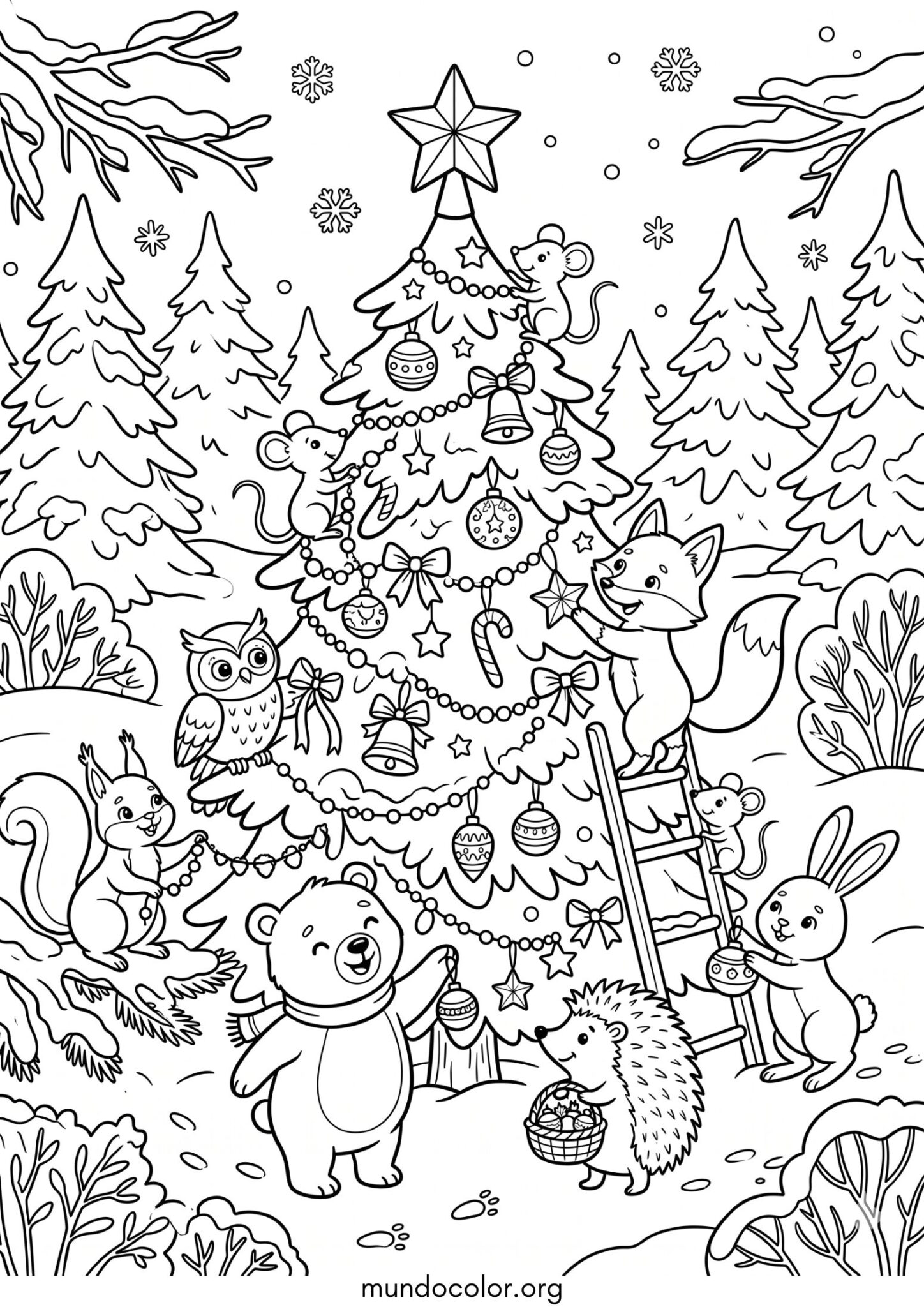 Dibujo de Animales del bosque decorando el árbol de Navidad para imprimir Dibujo de Animales del bosque decorando el árbol de Navidad para colorear