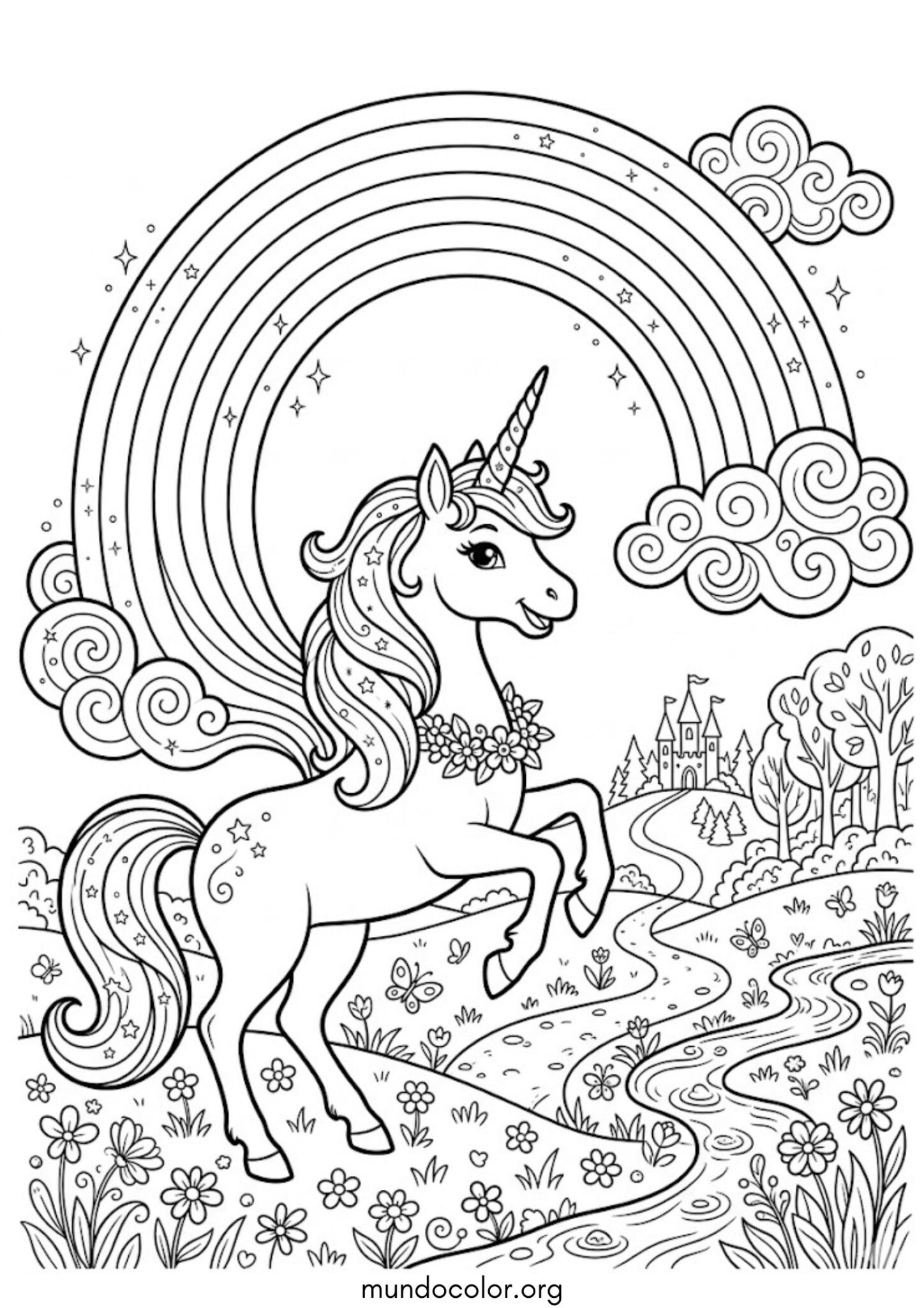Dibujo de Arcoíris e unicornio para colorear