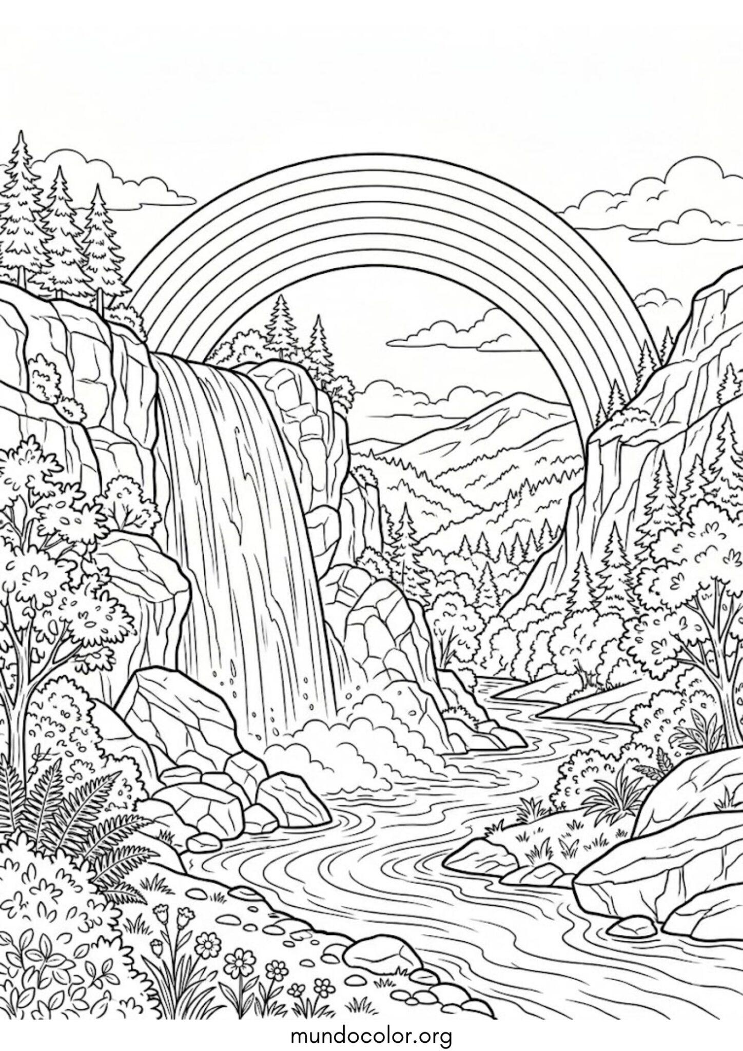 Dibujo de Arcoíris en una cascada para colorear