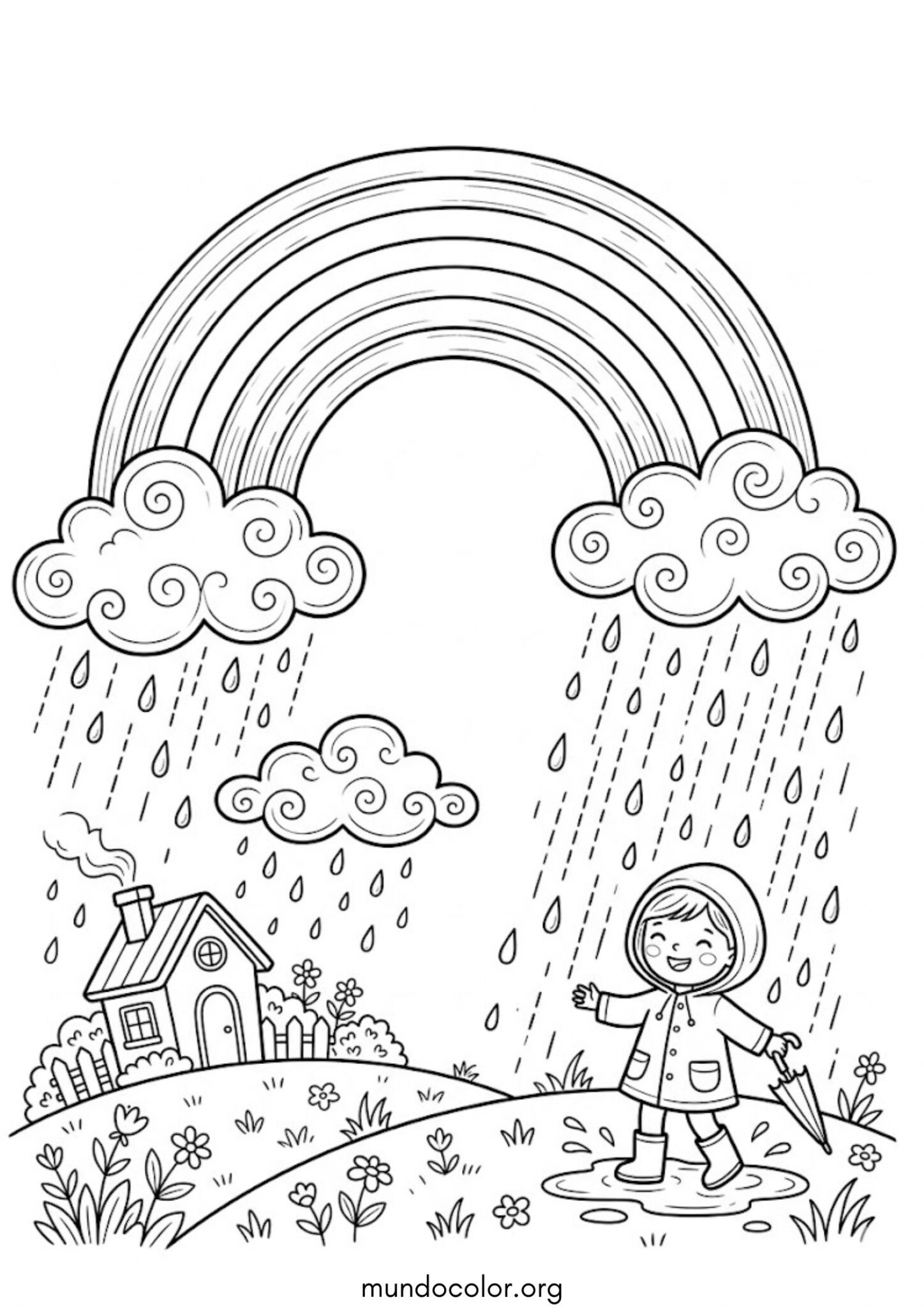 Dibujo de Arcoíris y lluvia para colorear