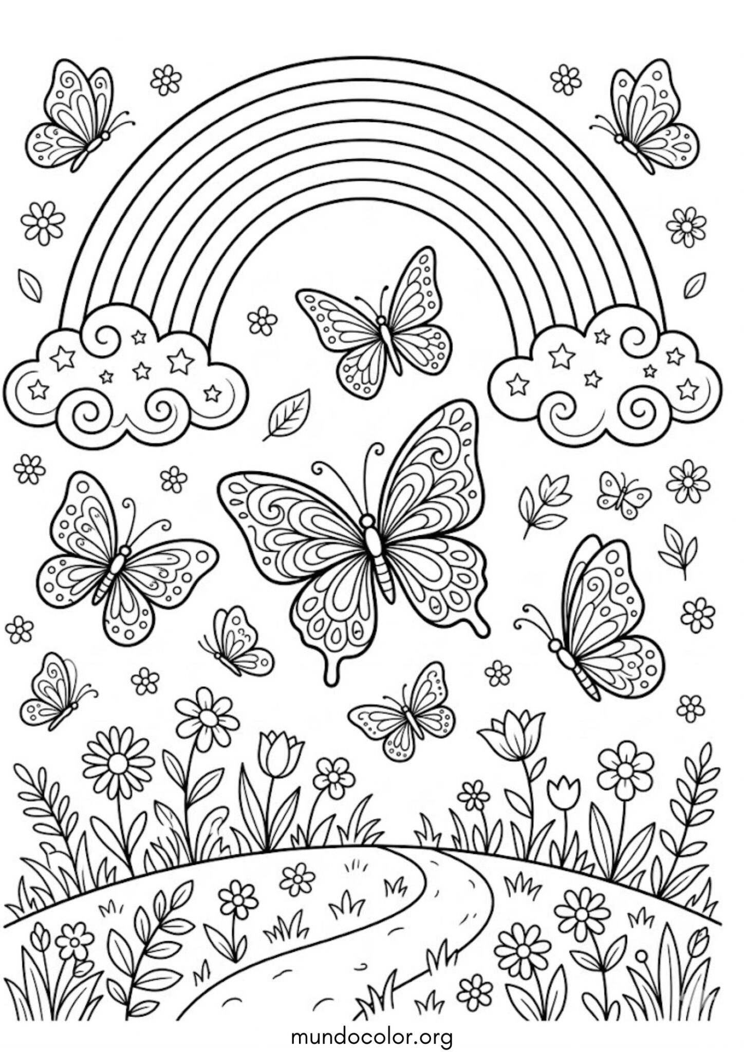 Dibujo de Arcoíris y mariposas para colorear